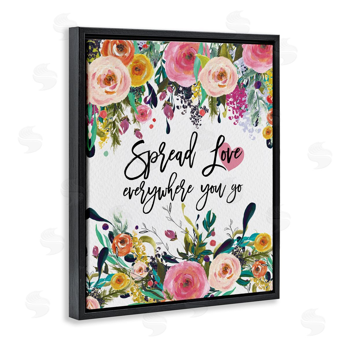 Amy Brinkman Spread Love Phrase Pink Floral Blooms Calligraphy  Black Floating Frame Canvas Wall Art Print