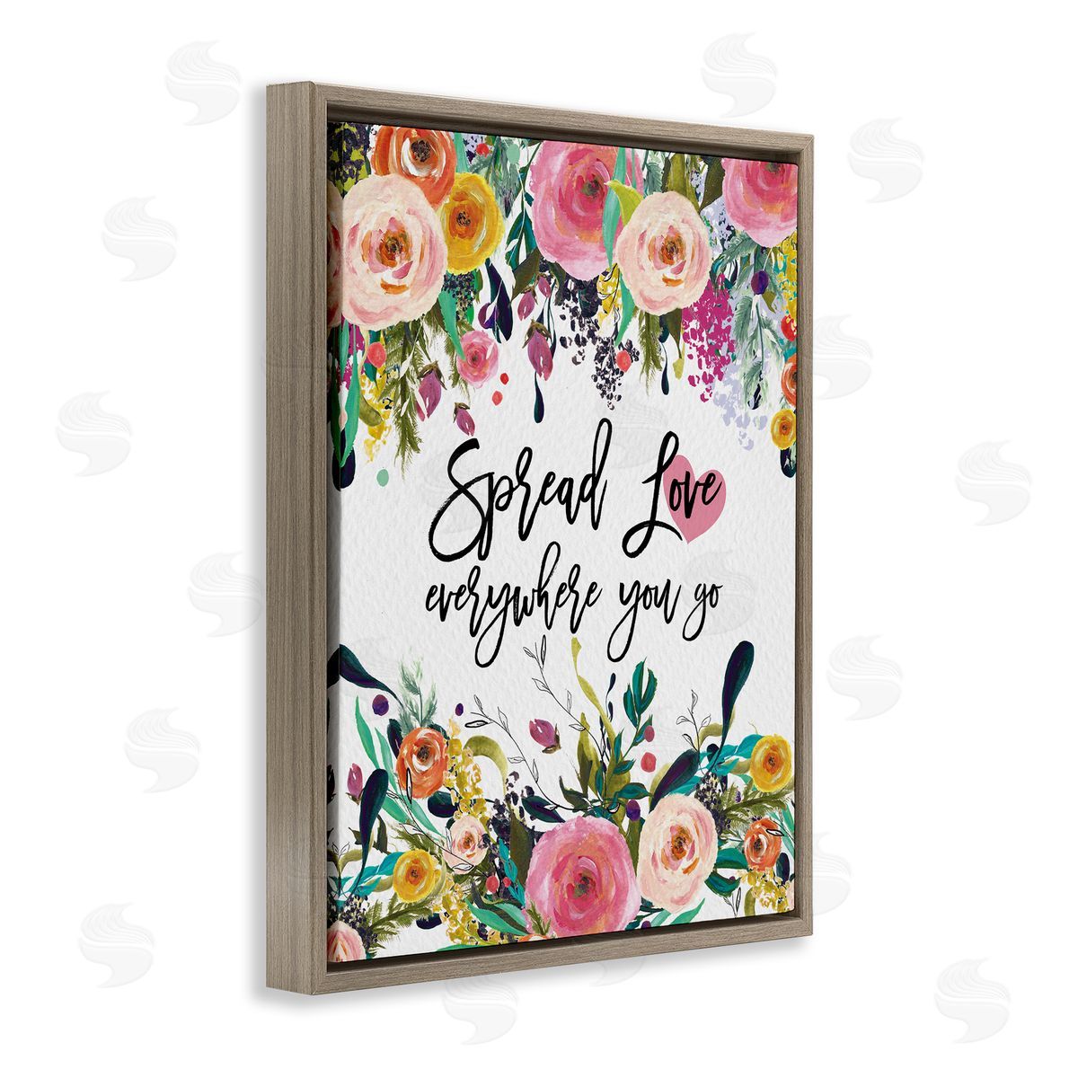 Amy Brinkman Spread Love Phrase Pink Floral Blooms Calligraphy  Brown Floating Frame Canvas Wall Art Print