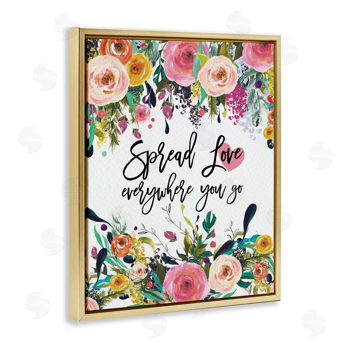 Amy Brinkman Spread Love Phrase Pink Floral Blooms Calligraphy  Gold Floating Frame Canvas Wall Art Print