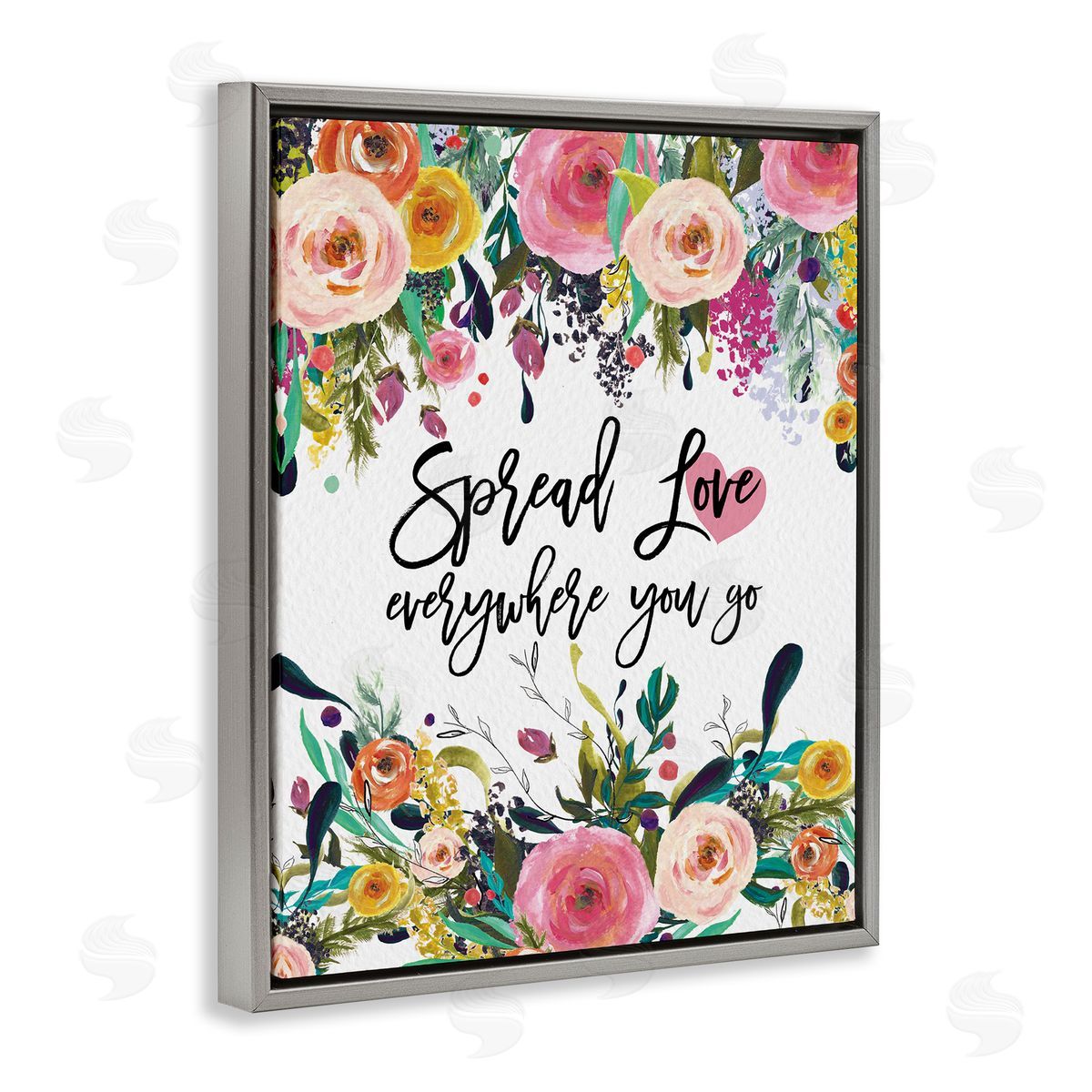 Amy Brinkman Spread Love Phrase Pink Floral Blooms Calligraphy  Gray Floating Frame Canvas Wall Art Print