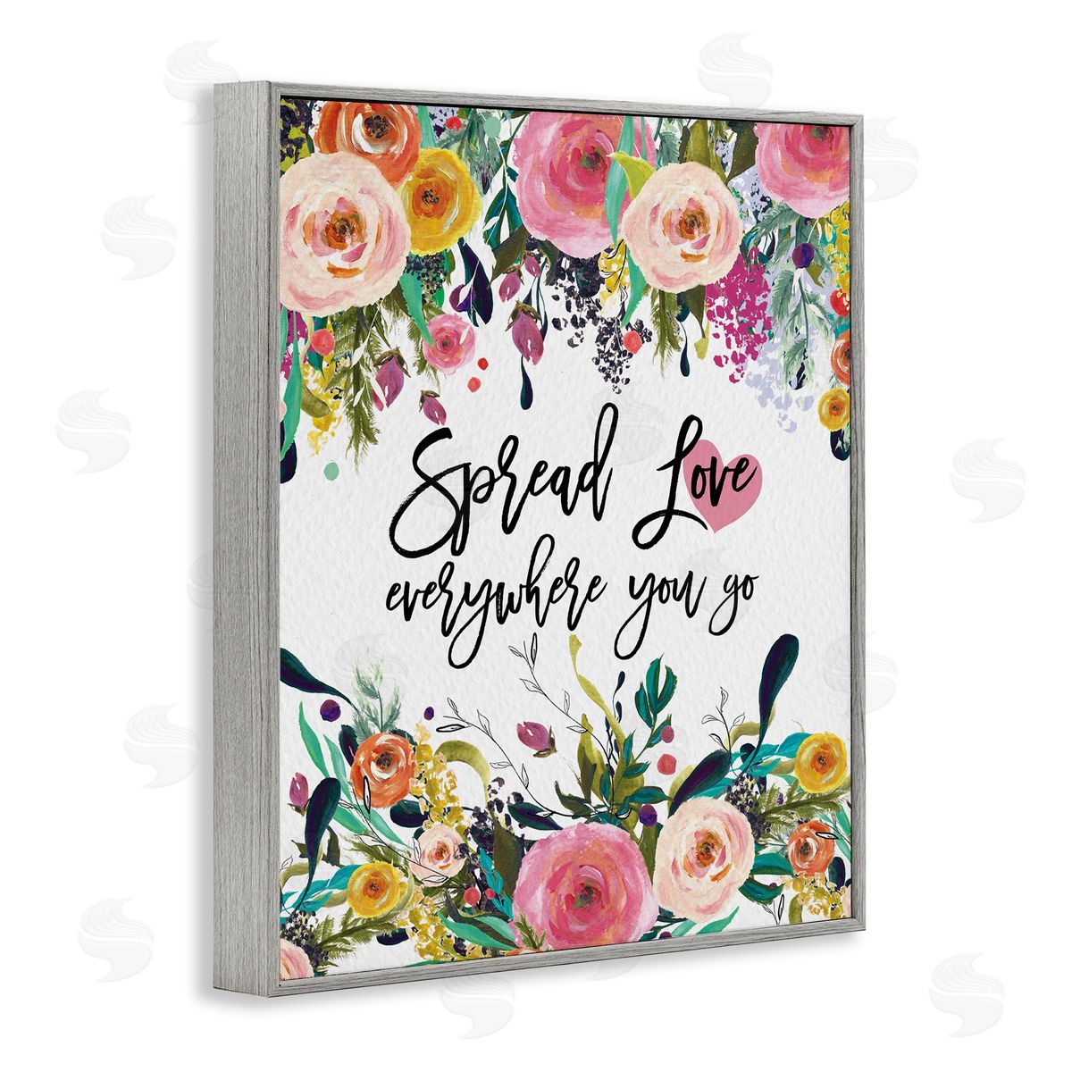 Amy Brinkman Spread Love Phrase Pink Floral Blooms Calligraphy  Gray Framed Giclee Wall Art Print