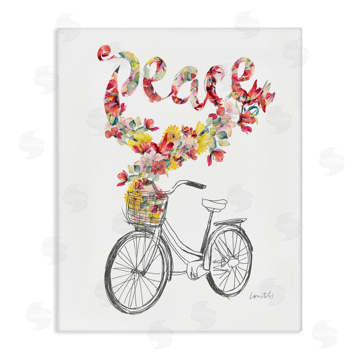 Lanie Loreth Peace Phrase Quaint Floral Bouquet Bicycle Basket  Stretched Canvas Wall Art Print