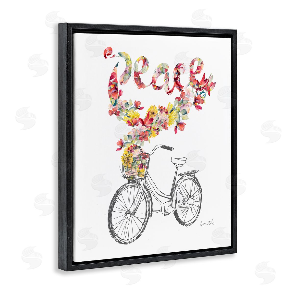 Lanie Loreth Peace Phrase Quaint Floral Bouquet Bicycle Basket  Black Floating Frame Canvas Wall Art Print