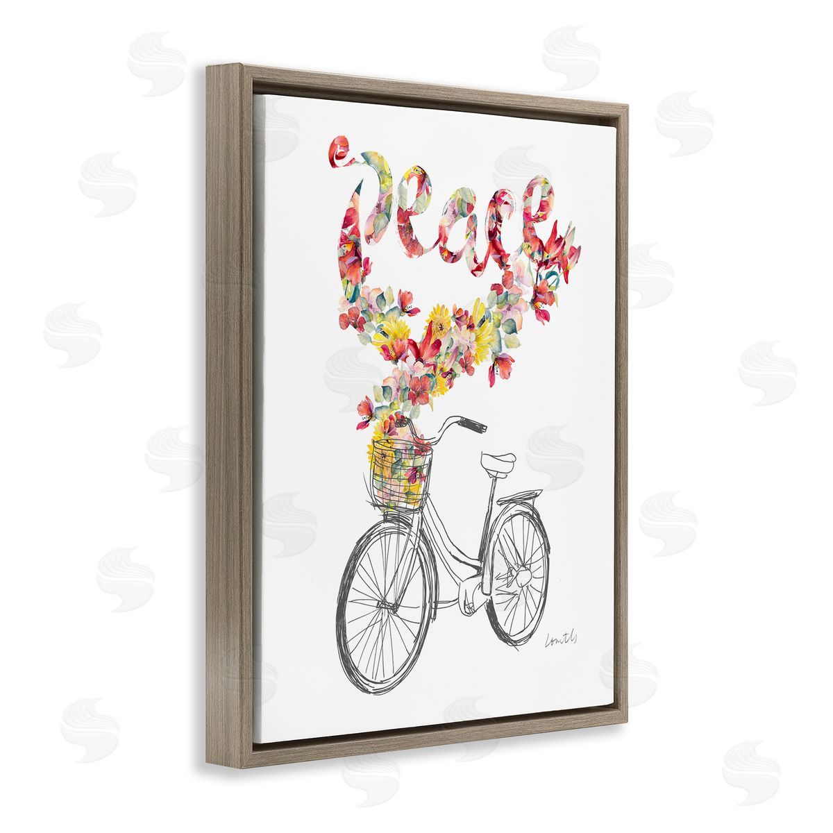 Lanie Loreth Peace Phrase Quaint Floral Bouquet Bicycle Basket  Brown Floating Frame Canvas Wall Art Print