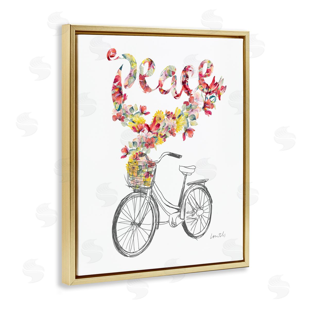 Lanie Loreth Peace Phrase Quaint Floral Bouquet Bicycle Basket  Gold Floating Frame Canvas Wall Art Print