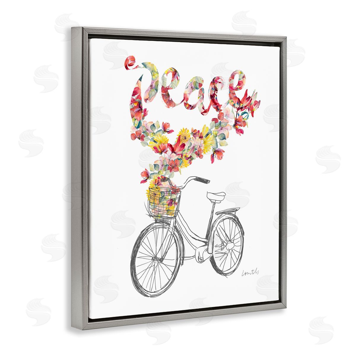Lanie Loreth Peace Phrase Quaint Floral Bouquet Bicycle Basket  Gray Floating Frame Canvas Wall Art Print