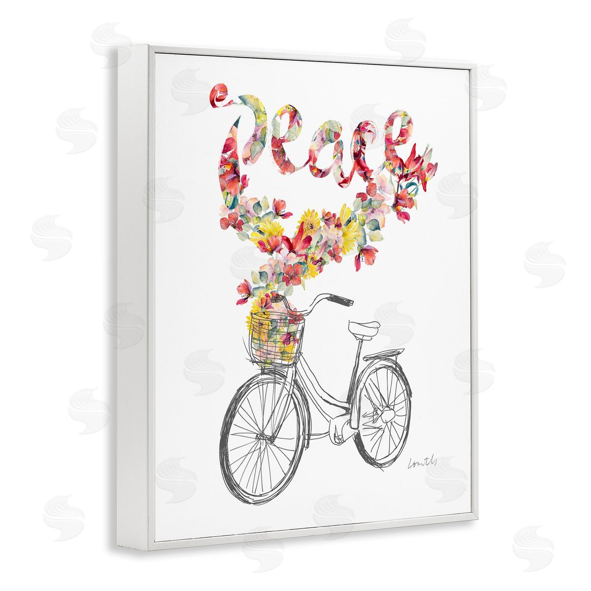 Lanie Loreth Peace Phrase Quaint Floral Bouquet Bicycle Basket  White Framed Giclee Wall Art Print