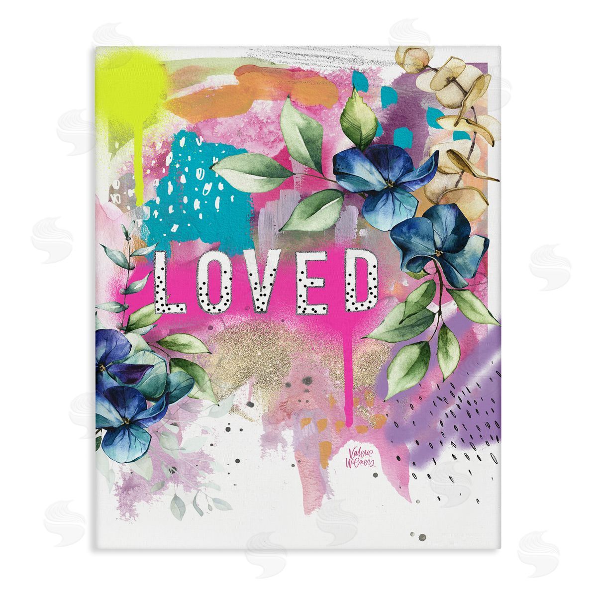 Valerie Wieners Loved Text Trendy Abstract Flower Blossoms  Stretched Canvas Wall Art Print