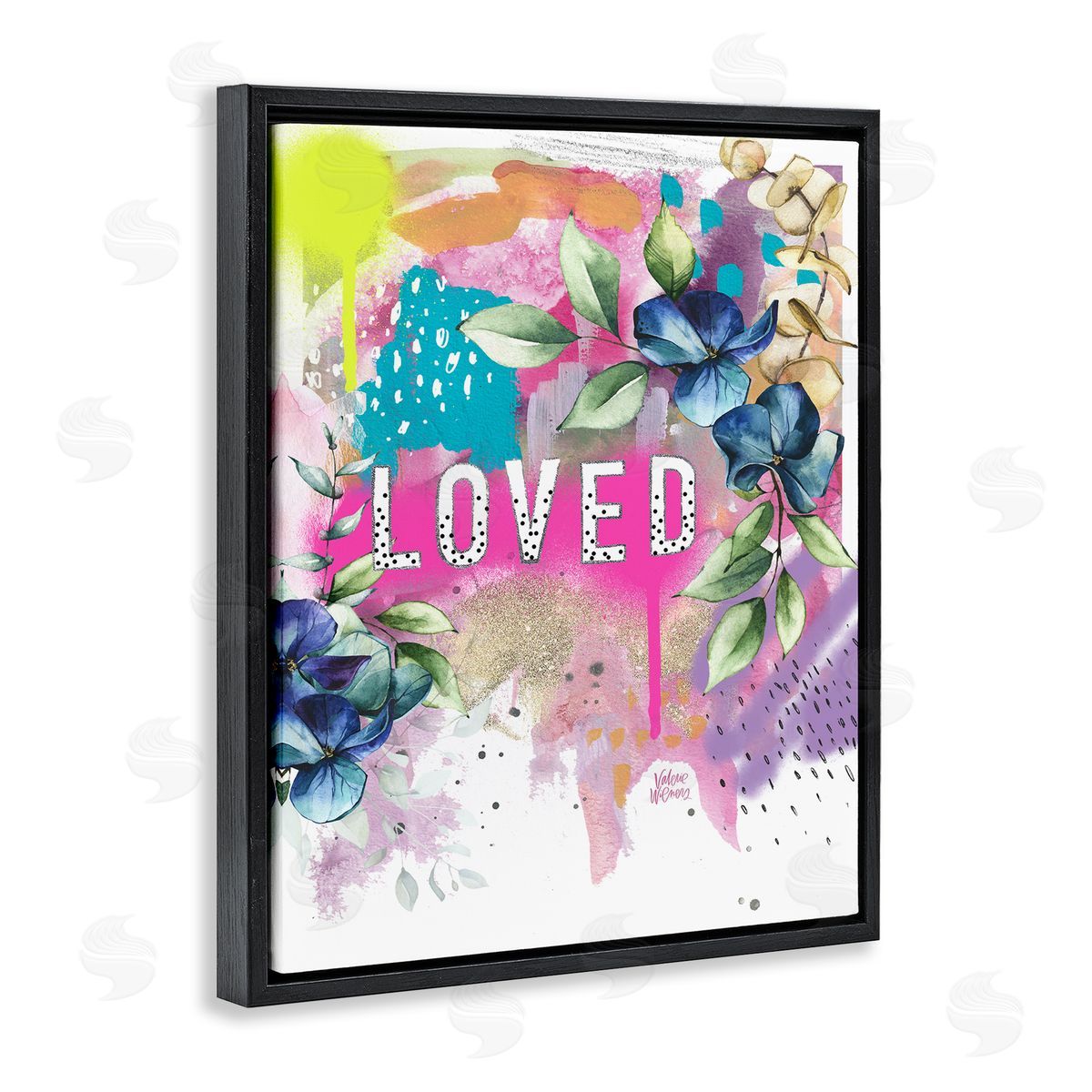 Valerie Wieners Loved Text Trendy Abstract Flower Blossoms  Black Floating Frame Canvas Wall Art Print