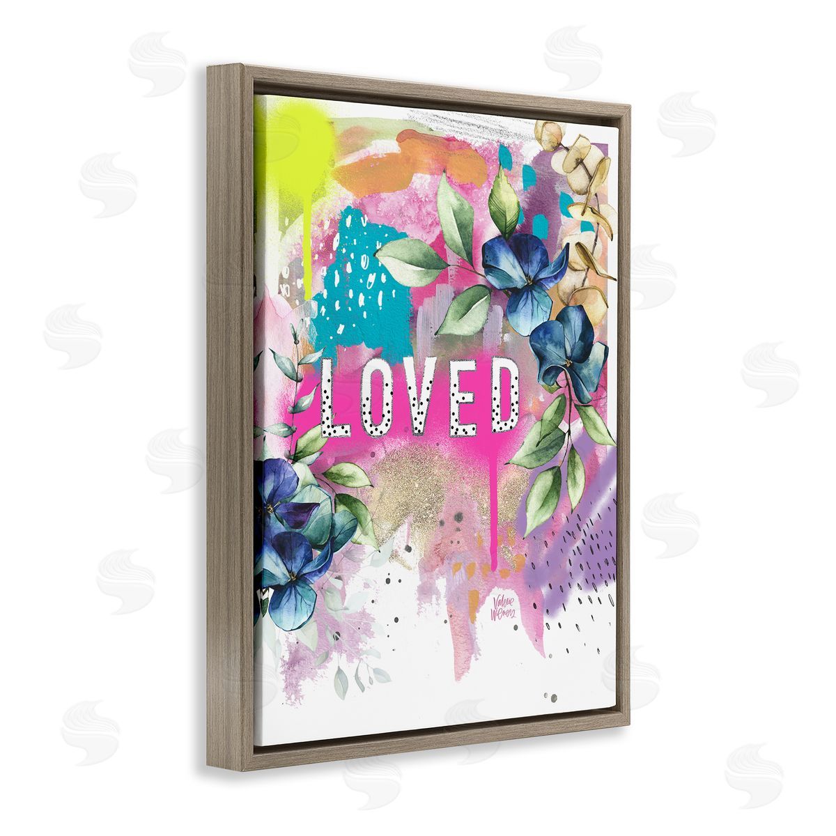 Valerie Wieners Loved Text Trendy Abstract Flower Blossoms  Brown Floating Frame Canvas Wall Art Print