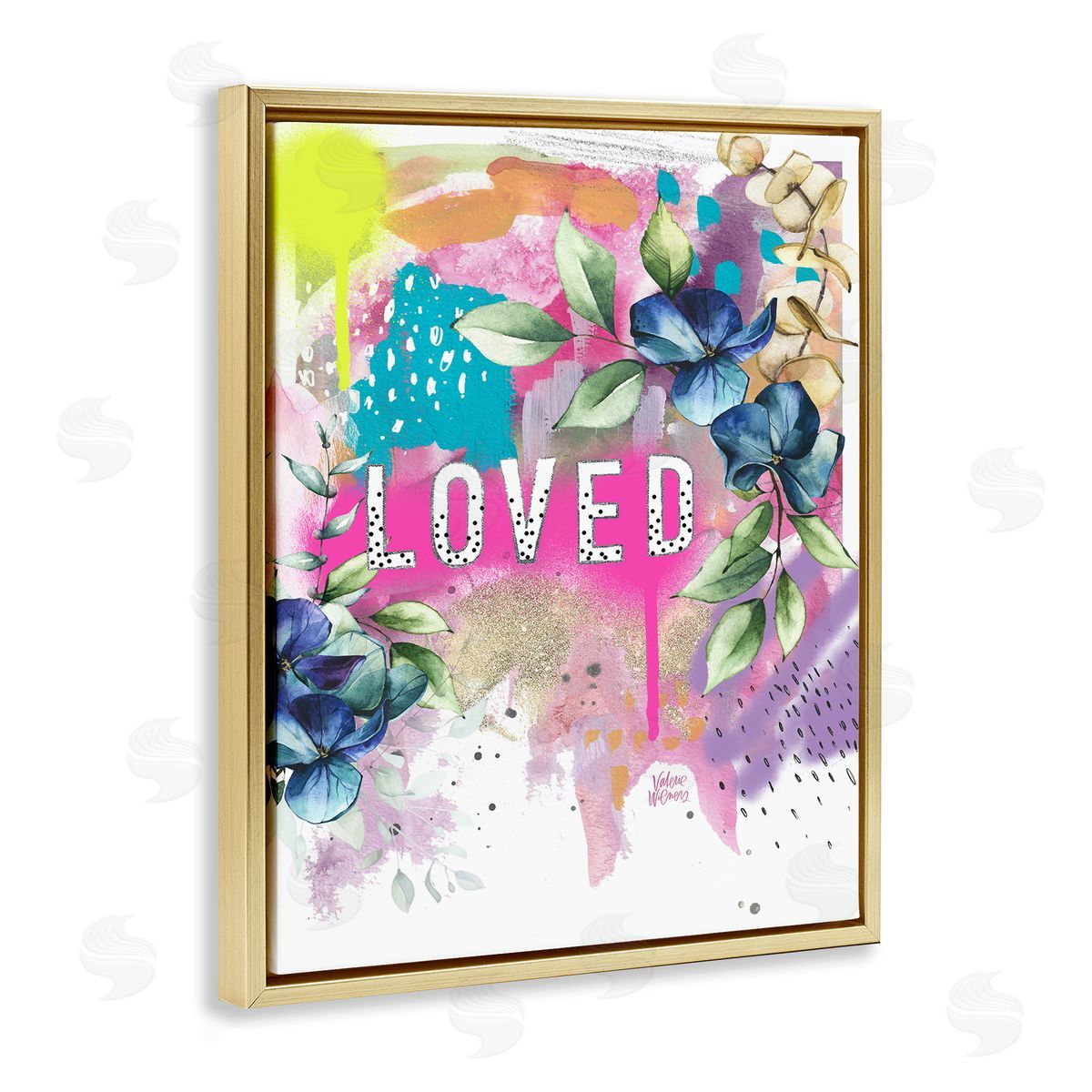 Valerie Wieners Loved Text Trendy Abstract Flower Blossoms  Gold Floating Frame Canvas Wall Art Print