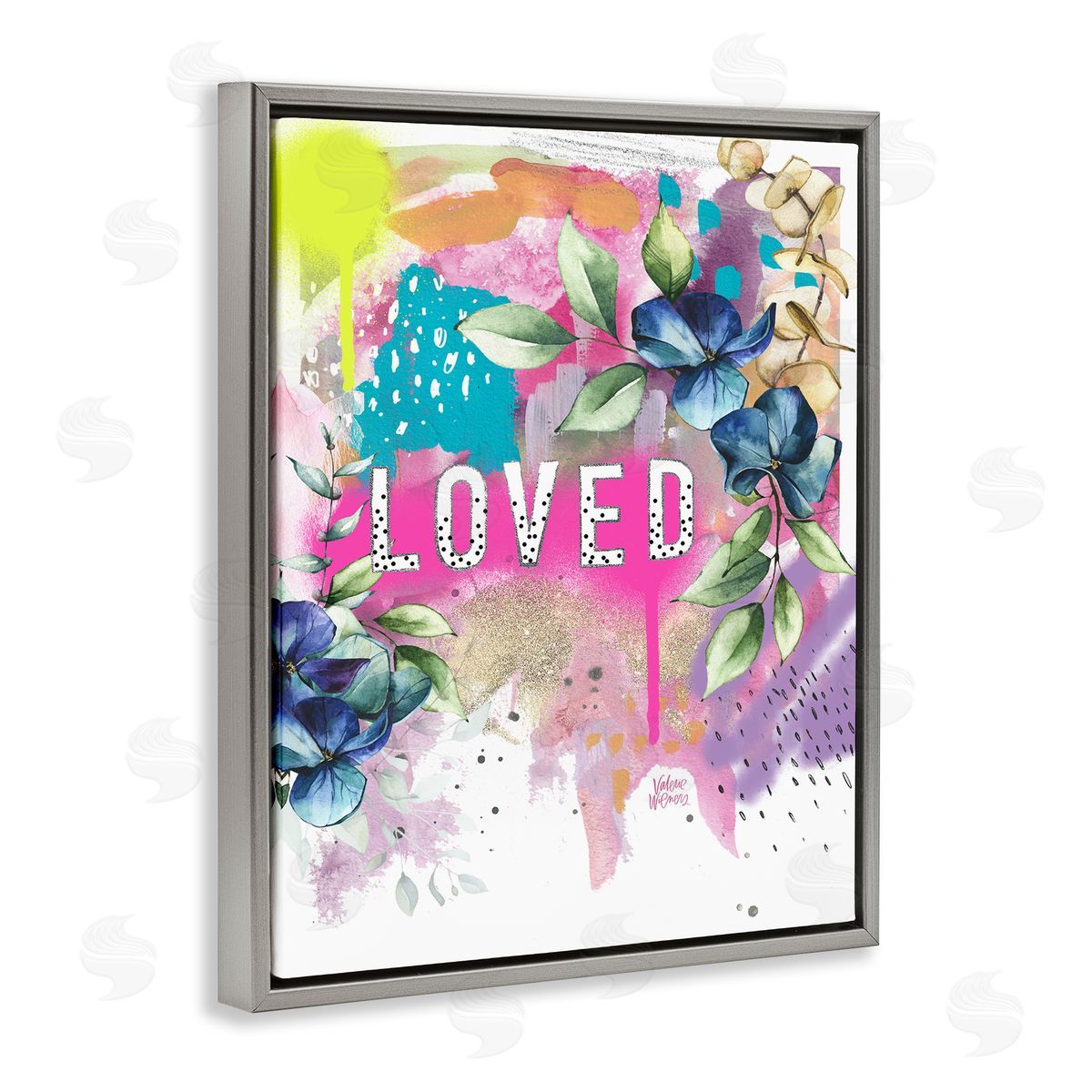 Valerie Wieners Loved Text Trendy Abstract Flower Blossoms  Gray Floating Frame Canvas Wall Art Print