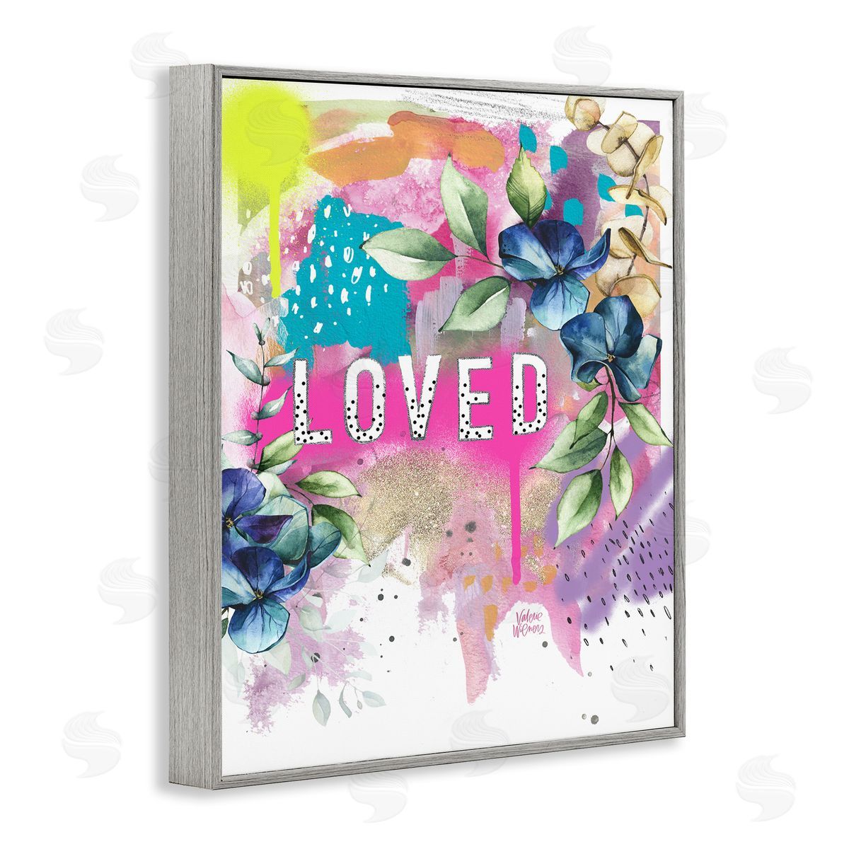 Valerie Wieners Loved Text Trendy Abstract Flower Blossoms  Gray Framed Giclee Wall Art Print