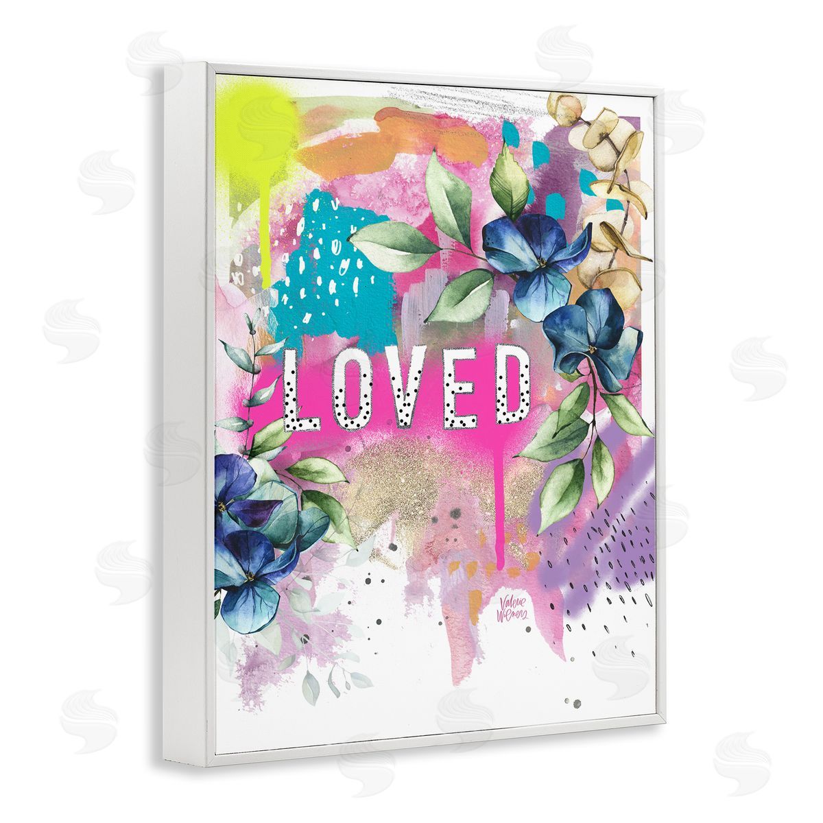 Valerie Wieners Loved Text Trendy Abstract Flower Blossoms  White Framed Giclee Wall Art Print