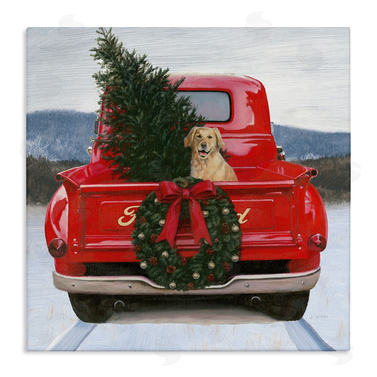 James Wiens Christmas Tree & Dog Red Truck Driving Snowy Scene Stretched Canvas Wall Art Print