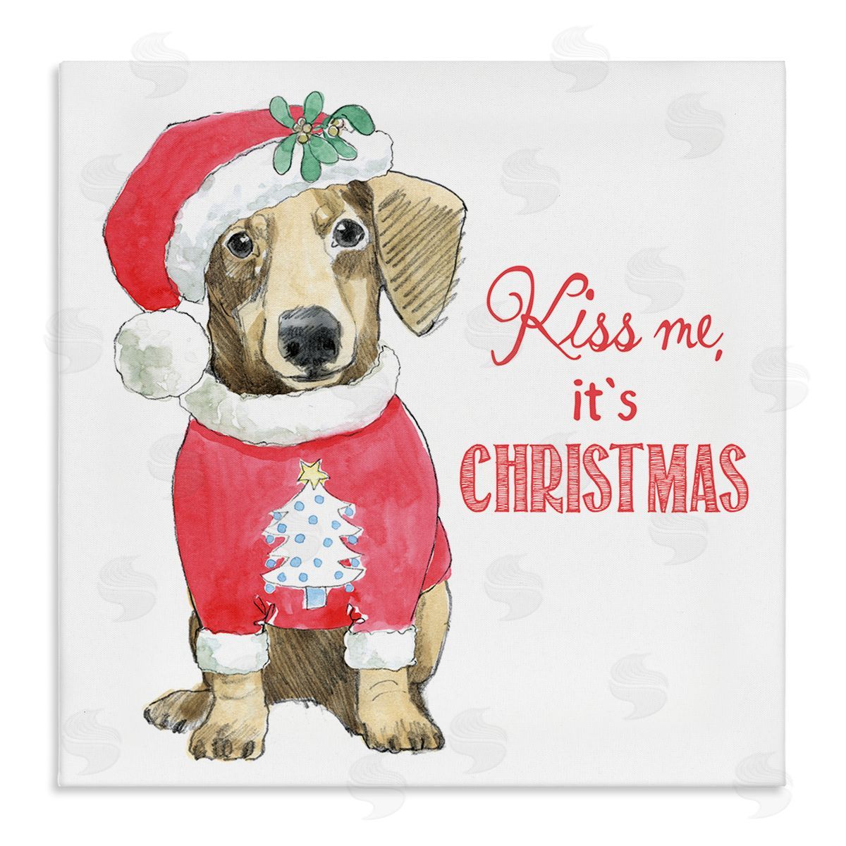 Beth Grove Kiss Me It's Christmas Dog Wearing Holiday Clothes Stretched Canvas Wall Art Print