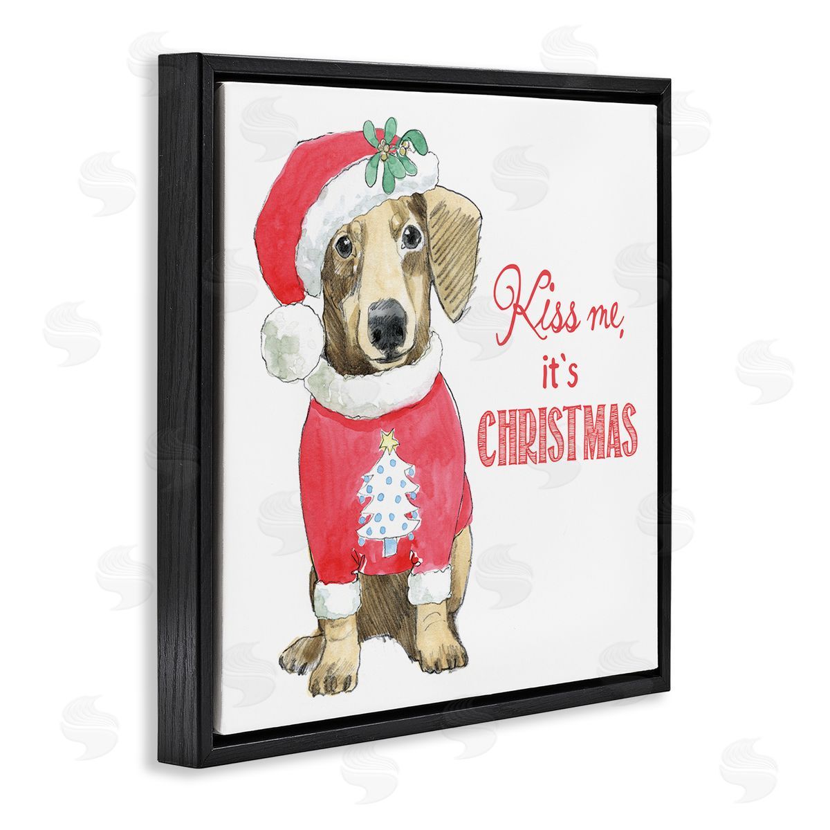 Beth Grove Kiss Me It's Christmas Dog Wearing Holiday Clothes Black Floating Frame Canvas Wall Art Print
