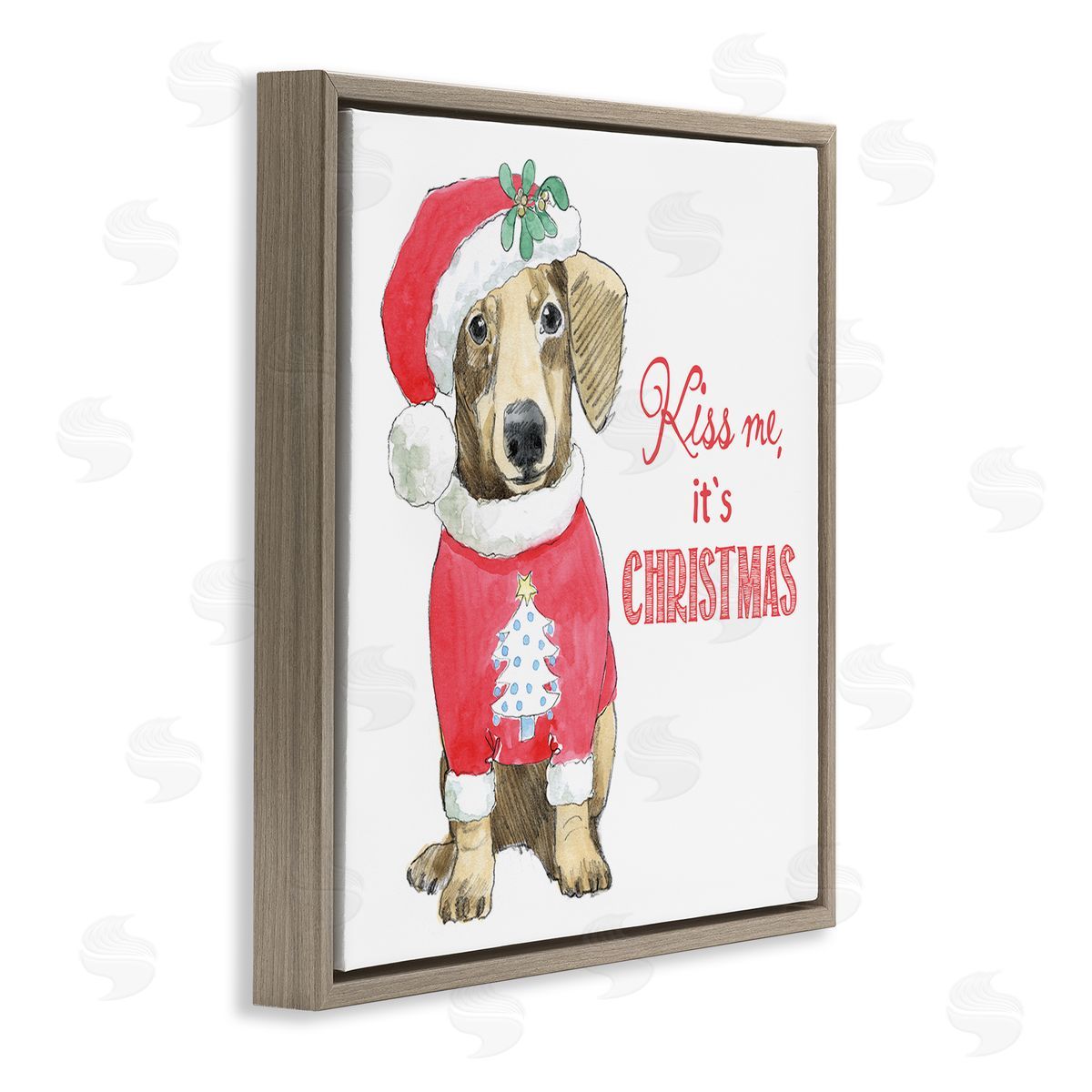 Beth Grove Kiss Me It's Christmas Dog Wearing Holiday Clothes Brown Floating Frame Canvas Wall Art Print