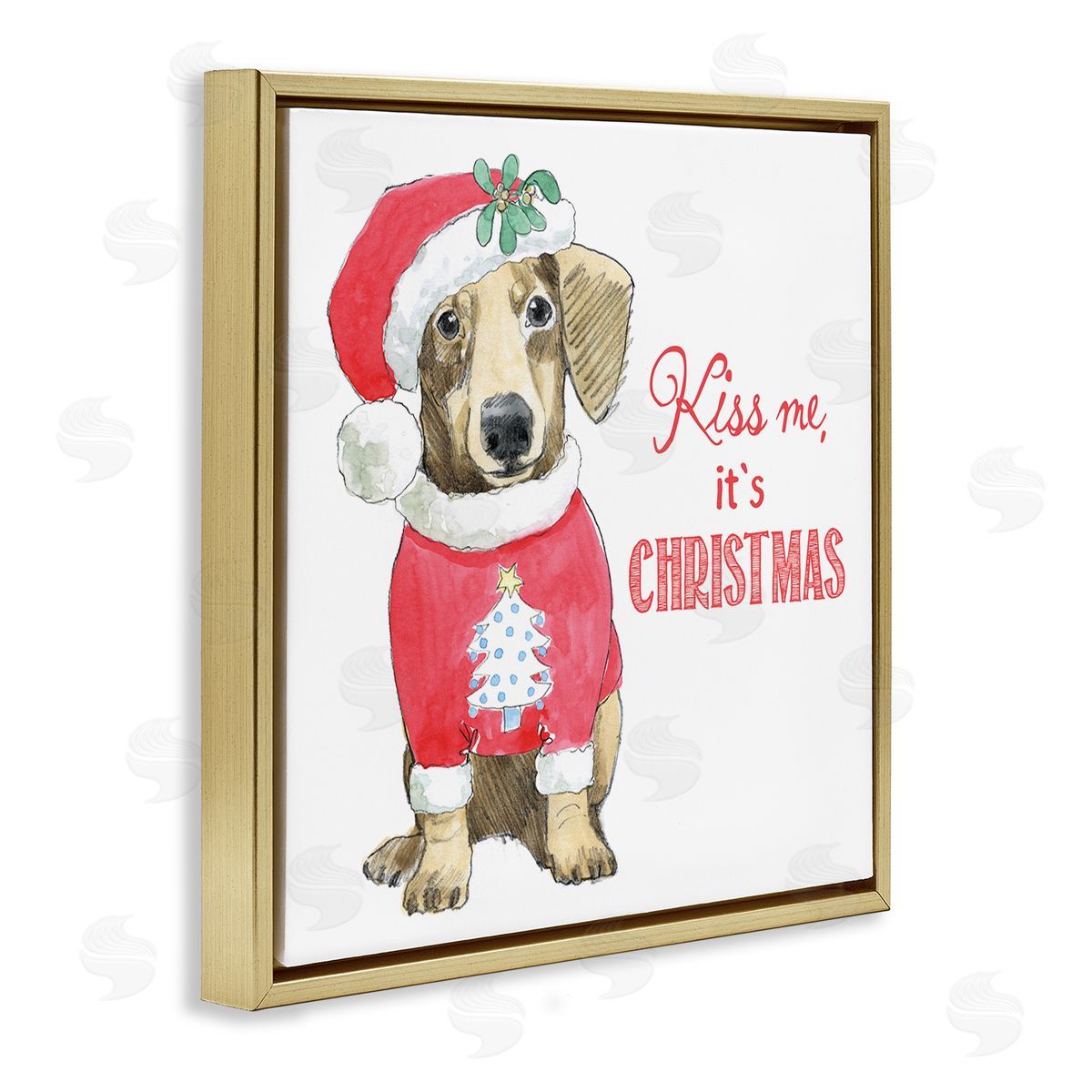 Beth Grove Kiss Me It's Christmas Dog Wearing Holiday Clothes Gold Floating Frame Canvas Wall Art Print