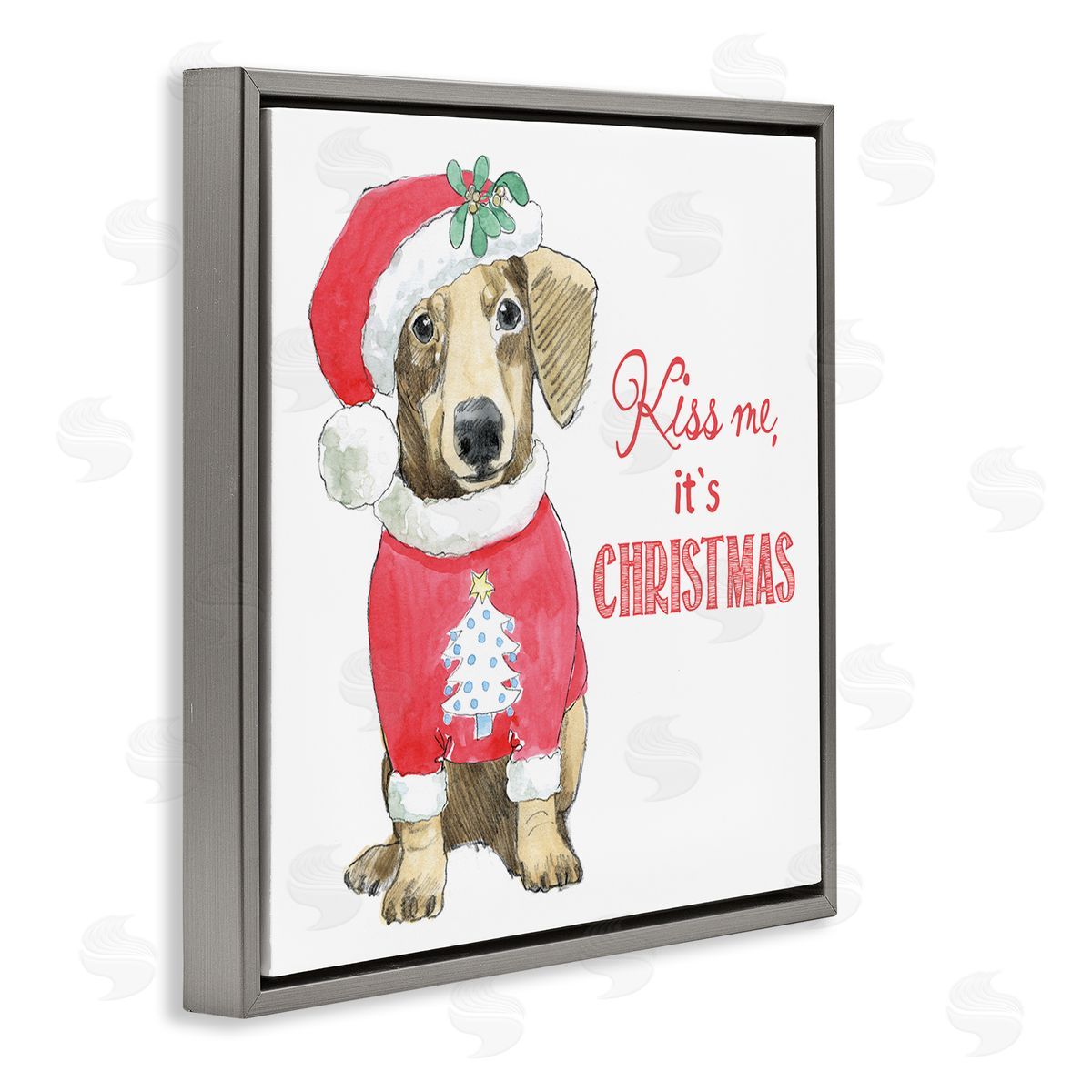 Beth Grove Kiss Me It's Christmas Dog Wearing Holiday Clothes Gray Floating Frame Canvas Wall Art Print