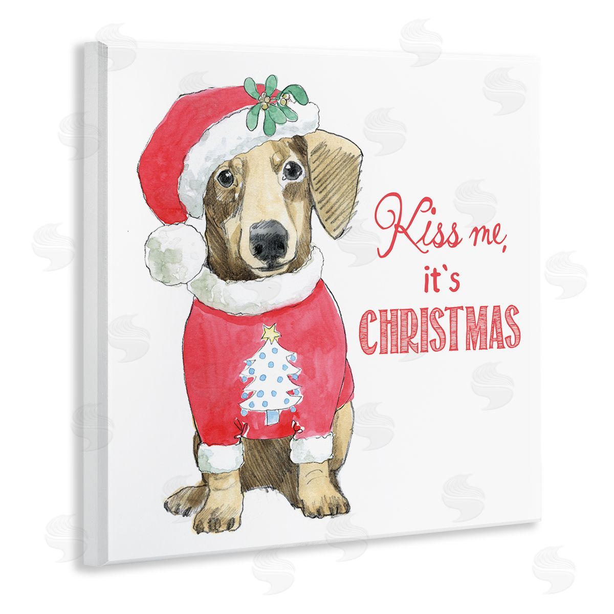Beth Grove Kiss Me It's Christmas Dog Wearing Holiday Clothes Wooden Wall Plaque Art Print
