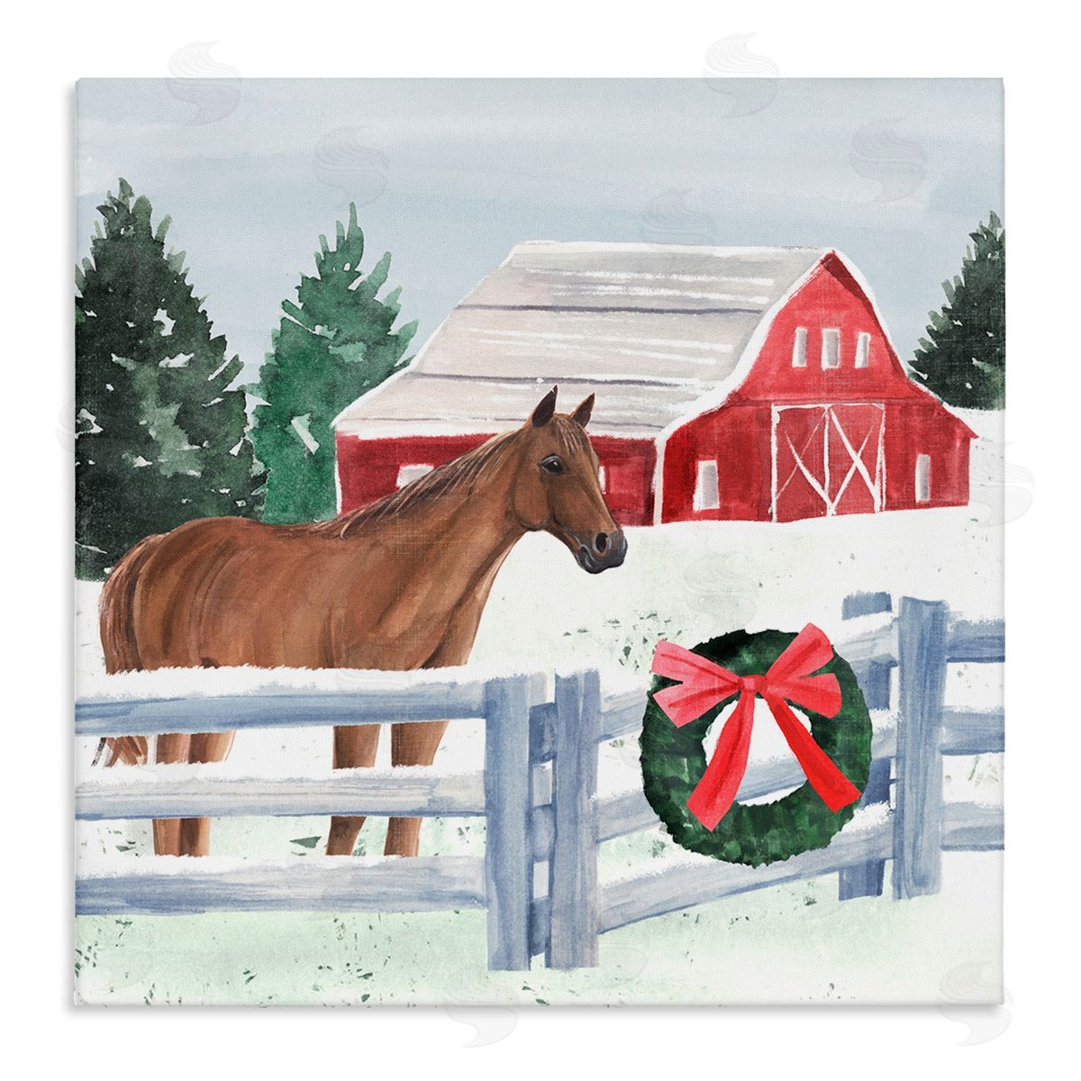 Annie Warren Charming Red Snowy Barn Horse Standing Winter Scene Stretched Canvas Wall Art Print