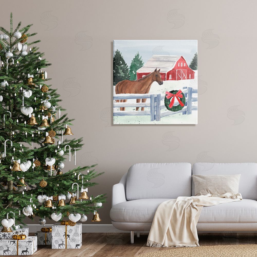 Annie Warren Charming Red Snowy Barn Horse Standing Winter Scene Canvas Wall Art in Room