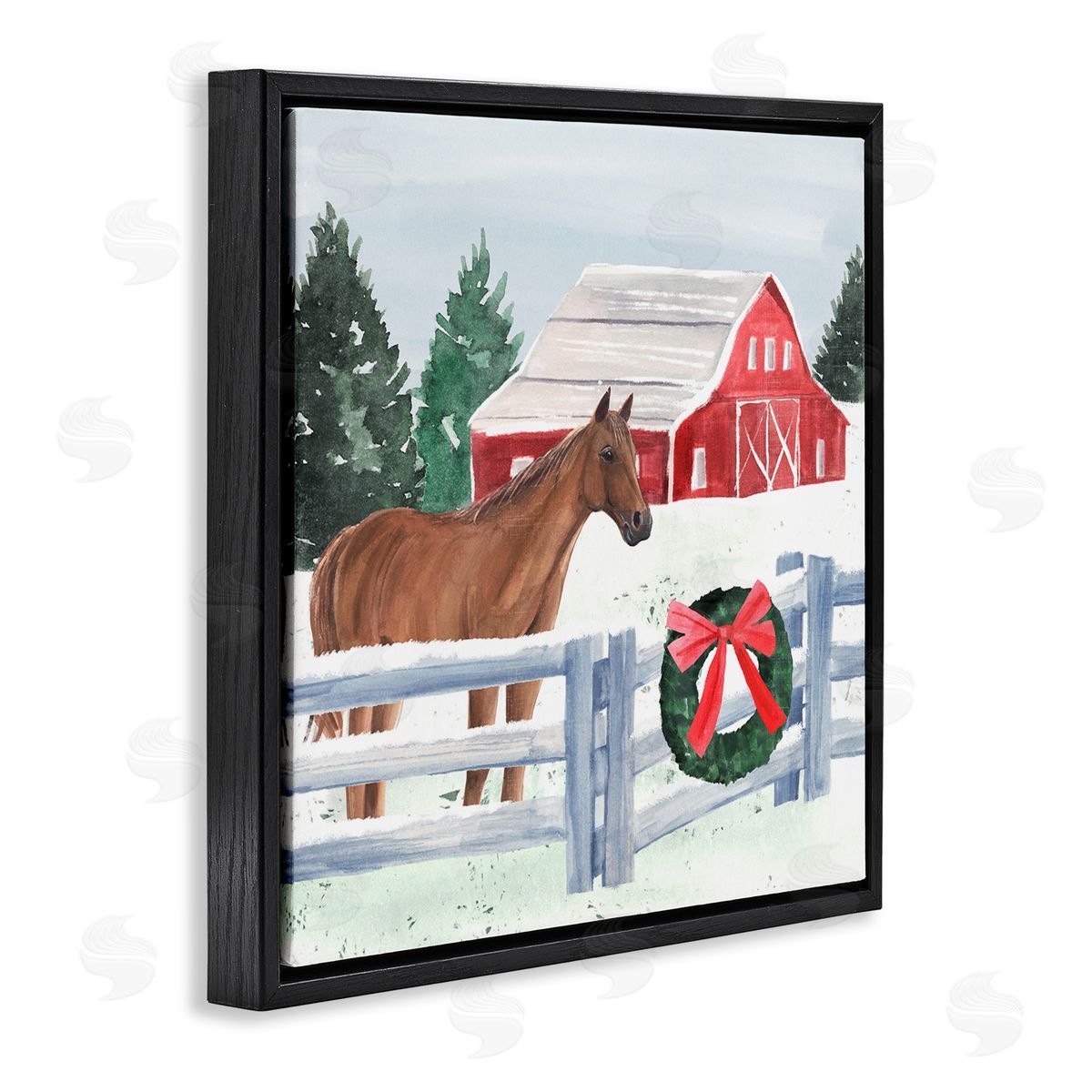 Annie Warren Charming Red Snowy Barn Horse Standing Winter Scene Black Floating Frame Canvas Wall Art Print