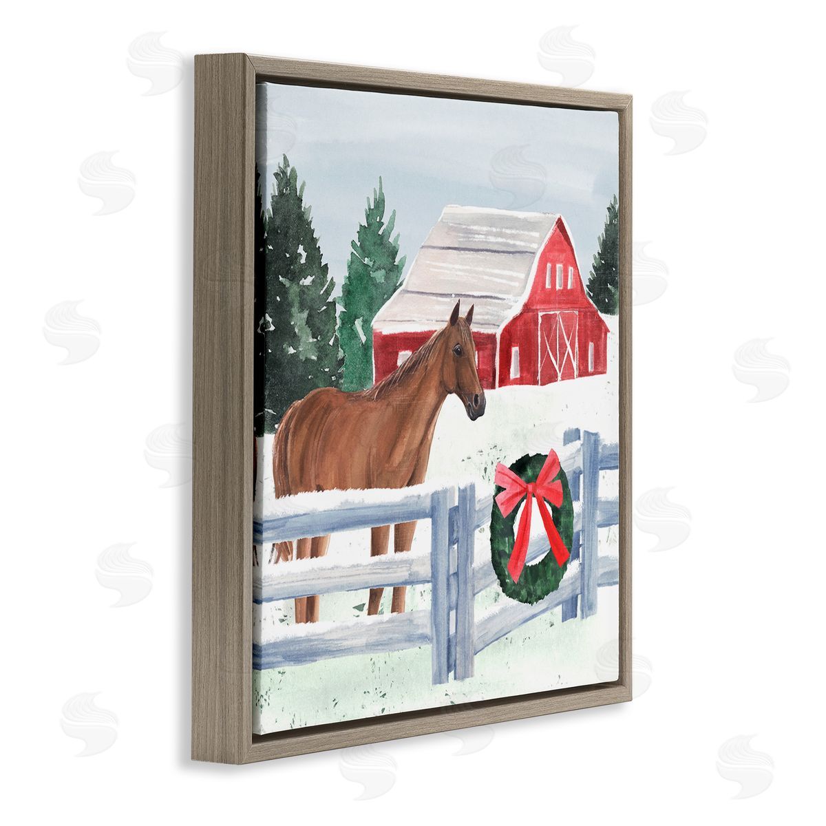 Annie Warren Charming Red Snowy Barn Horse Standing Winter Scene Brown Floating Frame Canvas Wall Art Print