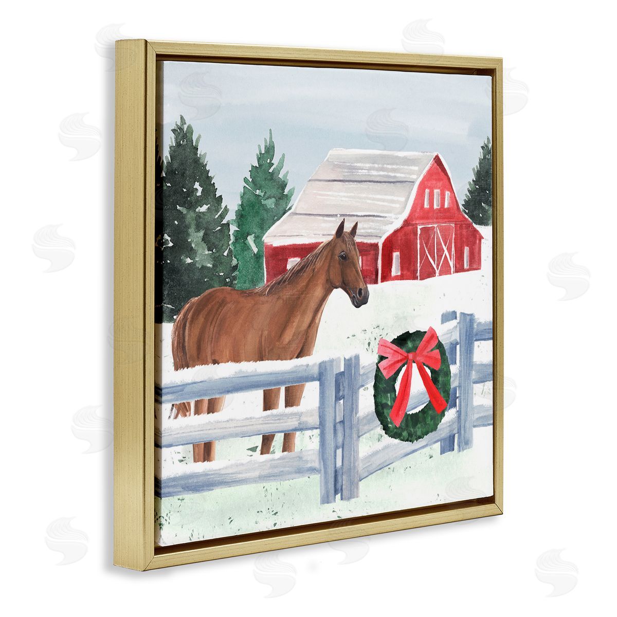 Annie Warren Charming Red Snowy Barn Horse Standing Winter Scene Gold Floating Frame Canvas Wall Art Print