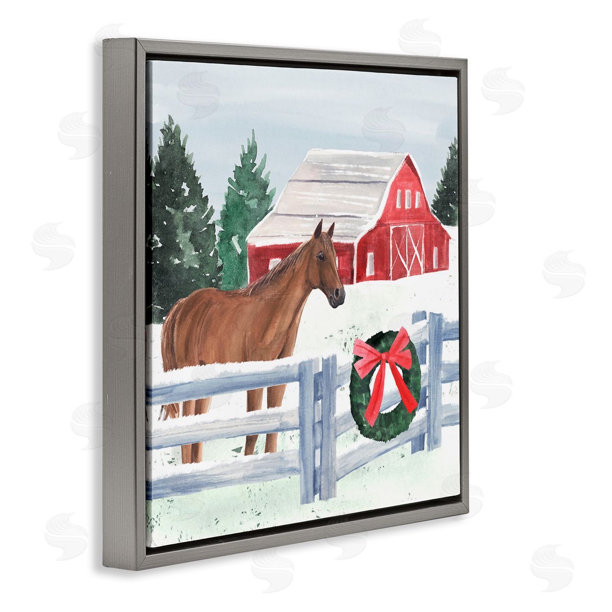 Annie Warren Charming Red Snowy Barn Horse Standing Winter Scene Gray Floating Frame Canvas Wall Art Print