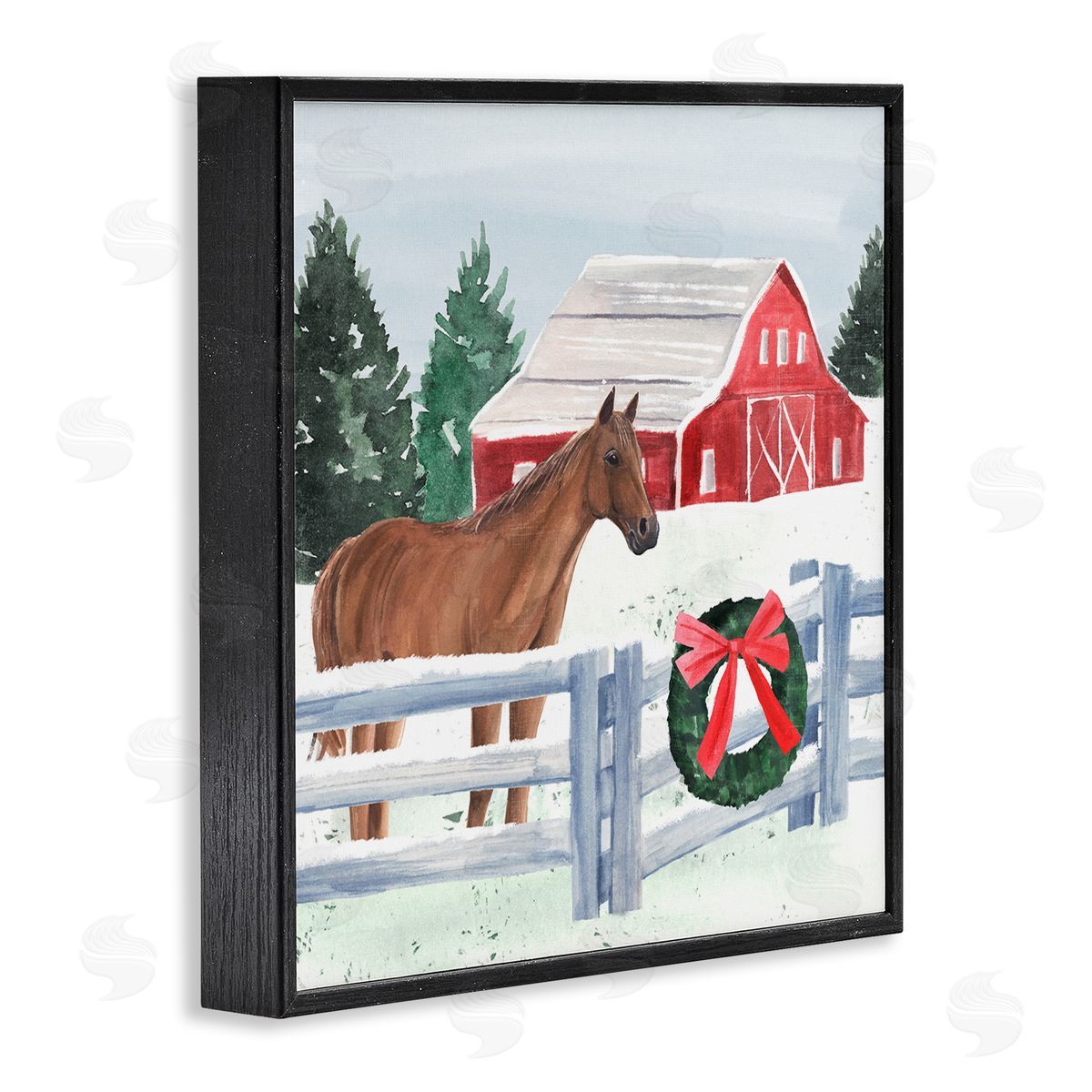 Annie Warren Charming Red Snowy Barn Horse Standing Winter Scene Black Framed Glicee Wall Art Print