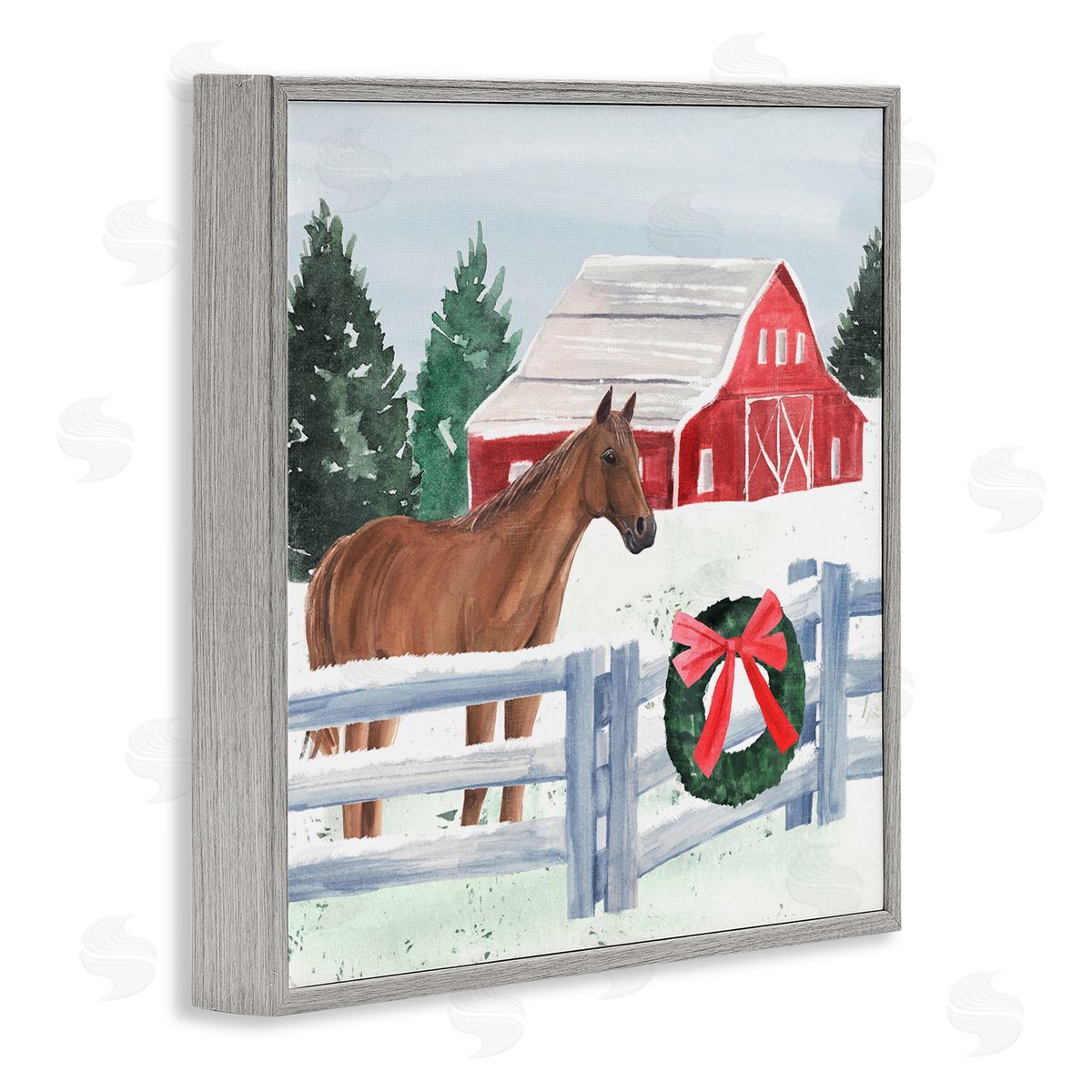 Annie Warren Charming Red Snowy Barn Horse Standing Winter Scene Gray Framed Glicee Wall Art Print