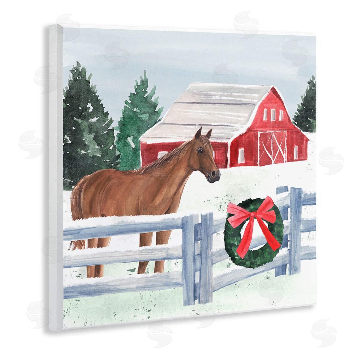 Annie Warren Charming Red Snowy Barn Horse Standing Winter Scene Wooden Wall Plaque Art Print
