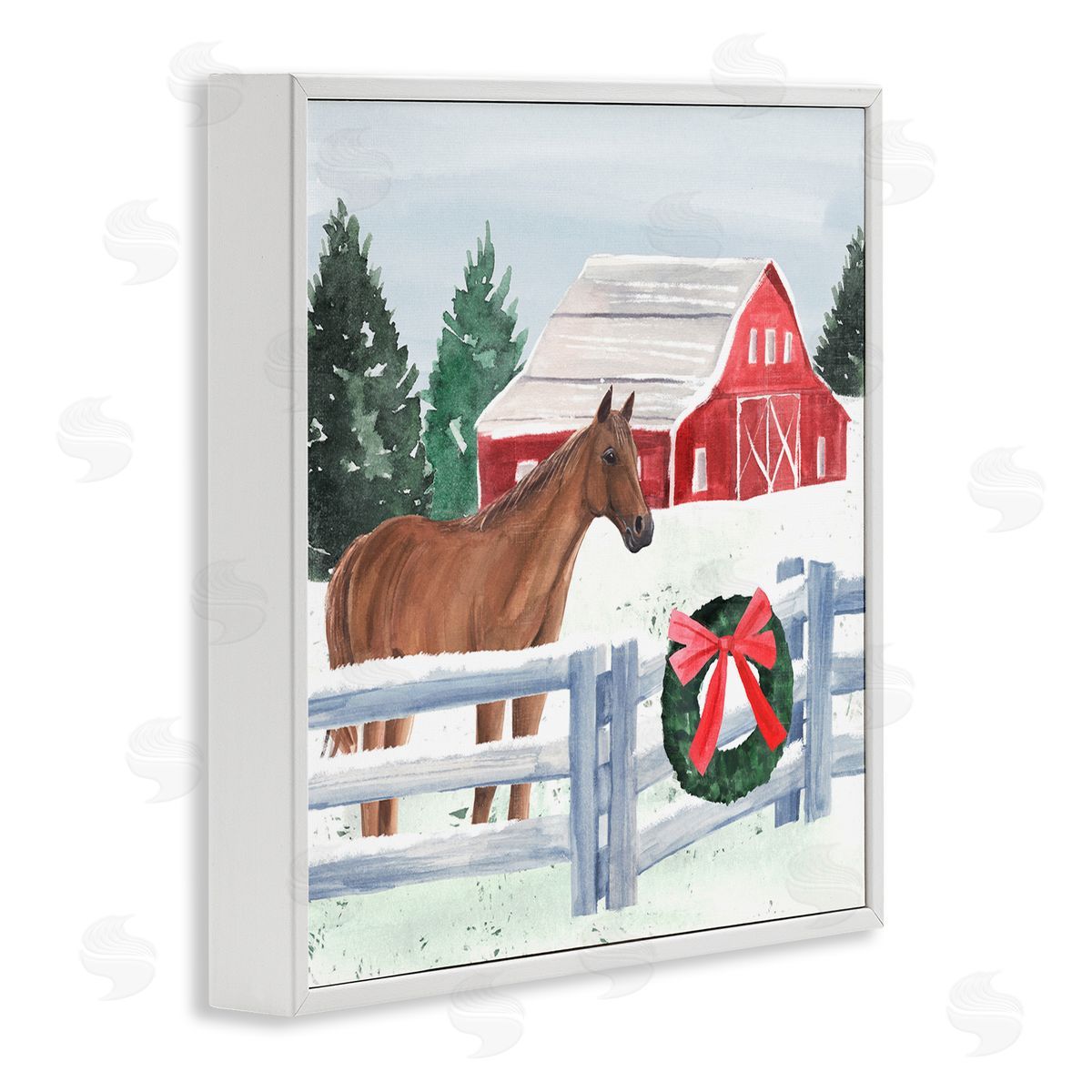 Annie Warren Charming Red Snowy Barn Horse Standing Winter Scene White Framed Glicee Wall Art Print