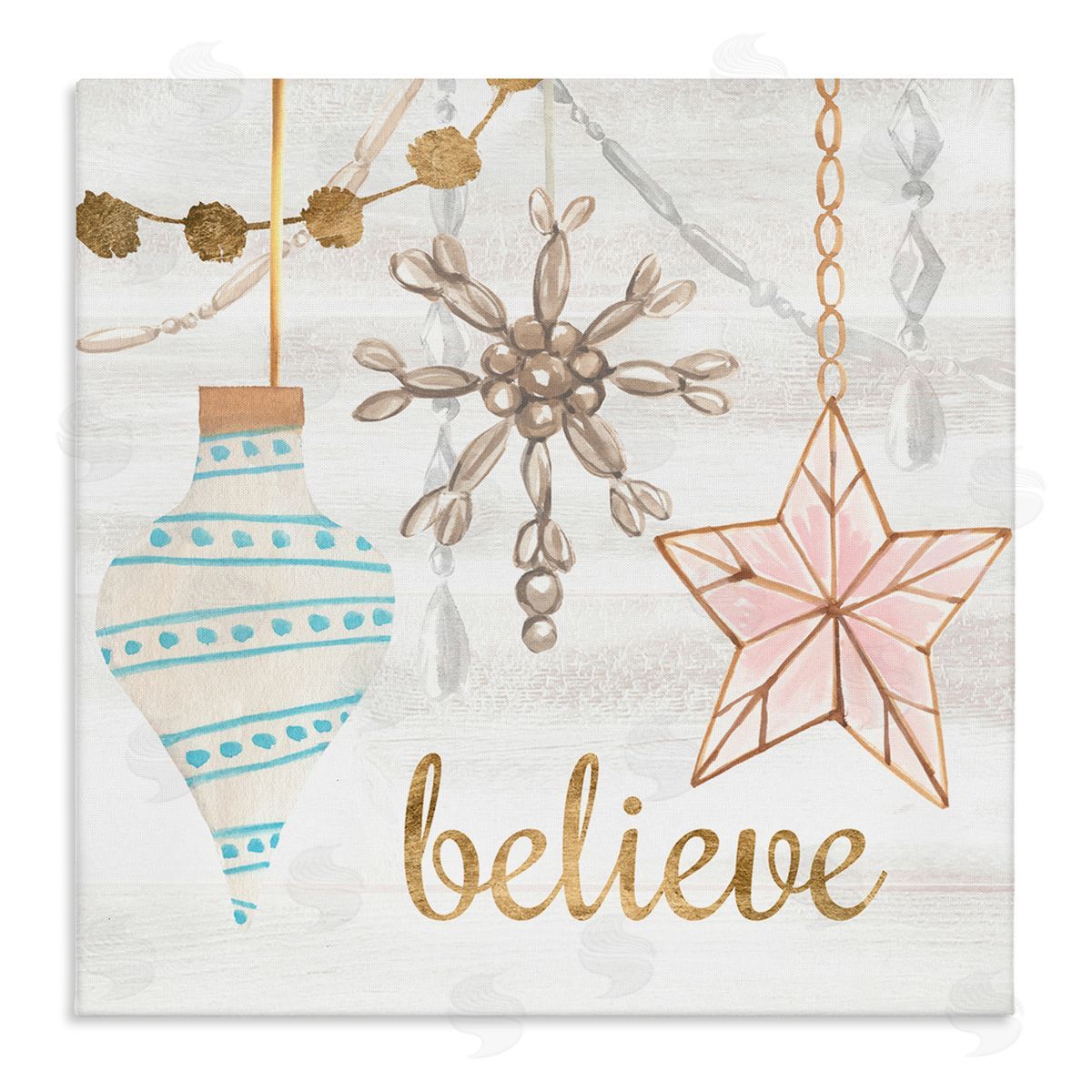 Annie Warren Glimmering Believe Text Holiday Ornaments Star Snowflake   Stretched Canvas Wall Art Print