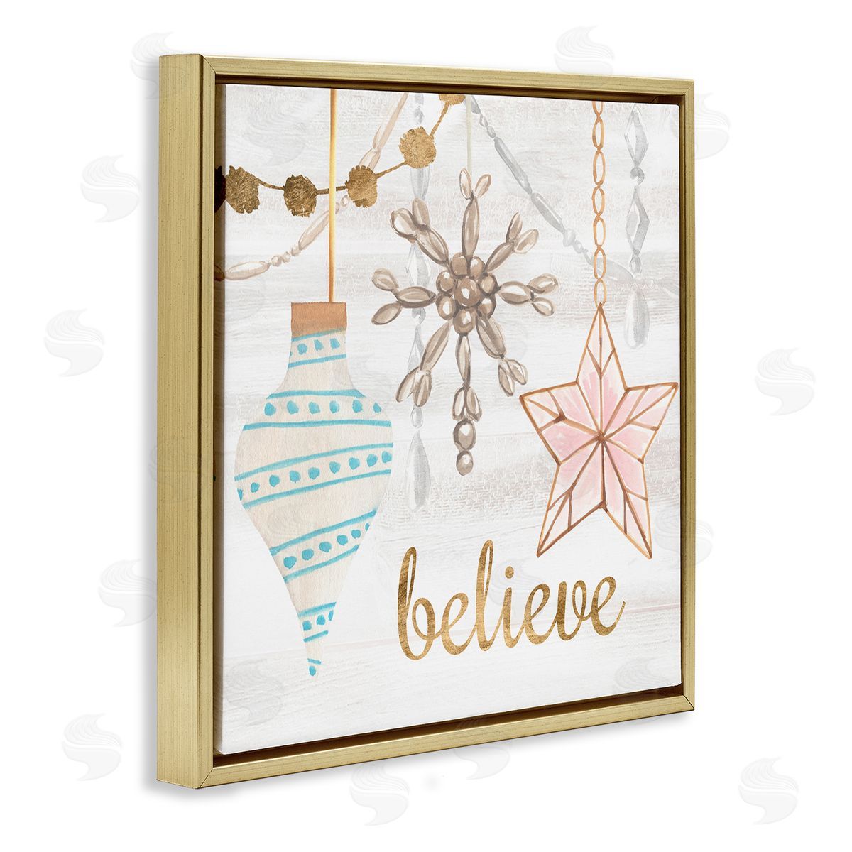 Annie Warren Glimmering Believe Text Holiday Ornaments Star Snowflake   Gold Floating Frame Canvas Wall Art Print