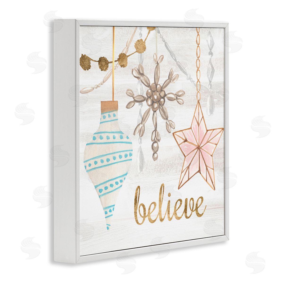 Annie Warren Glimmering Believe Text Holiday Ornaments Star Snowflake   White Framed Glicee Wall Art Print