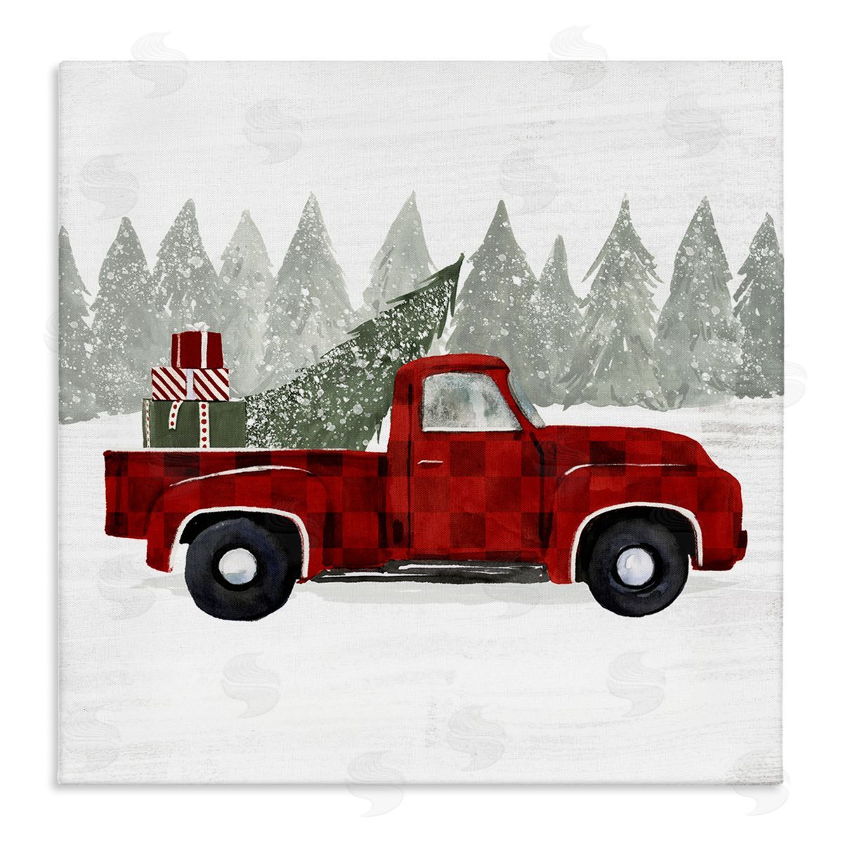 Victoria Borges Red Buffalo Plaid Vintage Truck Christmas Tree Snowfield Stretched Canvas Wall Art Print