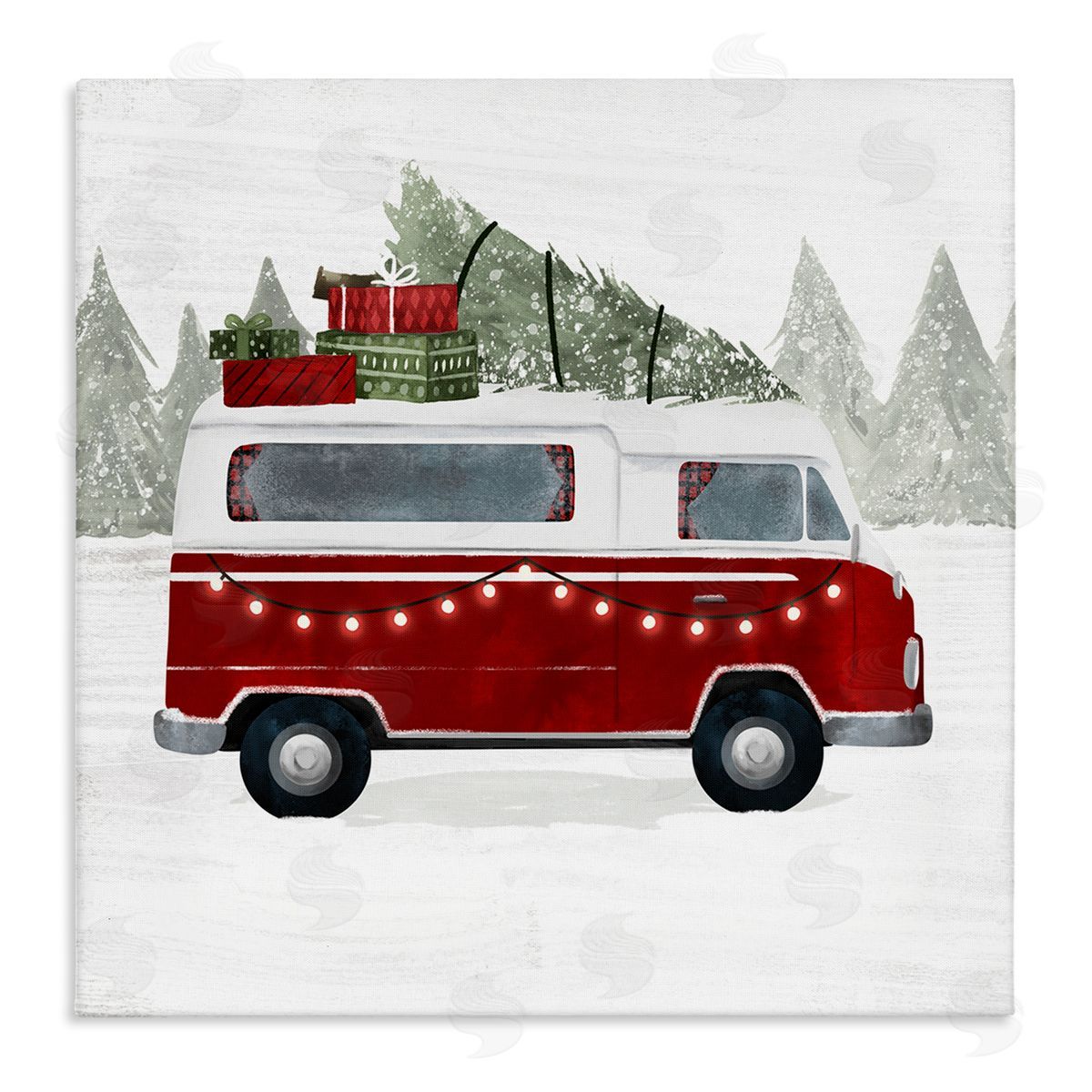 Victoria Borges Red Van Holiday Lights Carrying Christmas Presents Stretched Canvas Wall Art Print