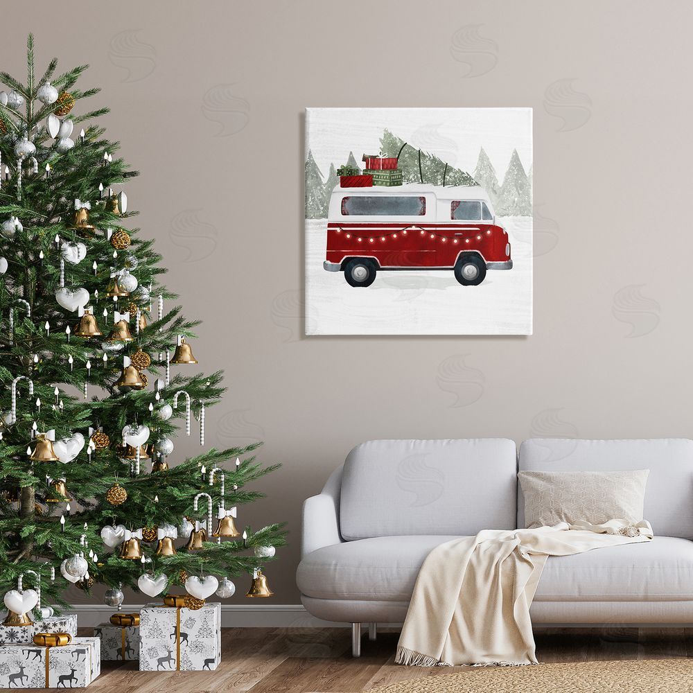 Victoria Borges Red Van Holiday Lights Carrying Christmas Presents Canvas Wall Art in Room