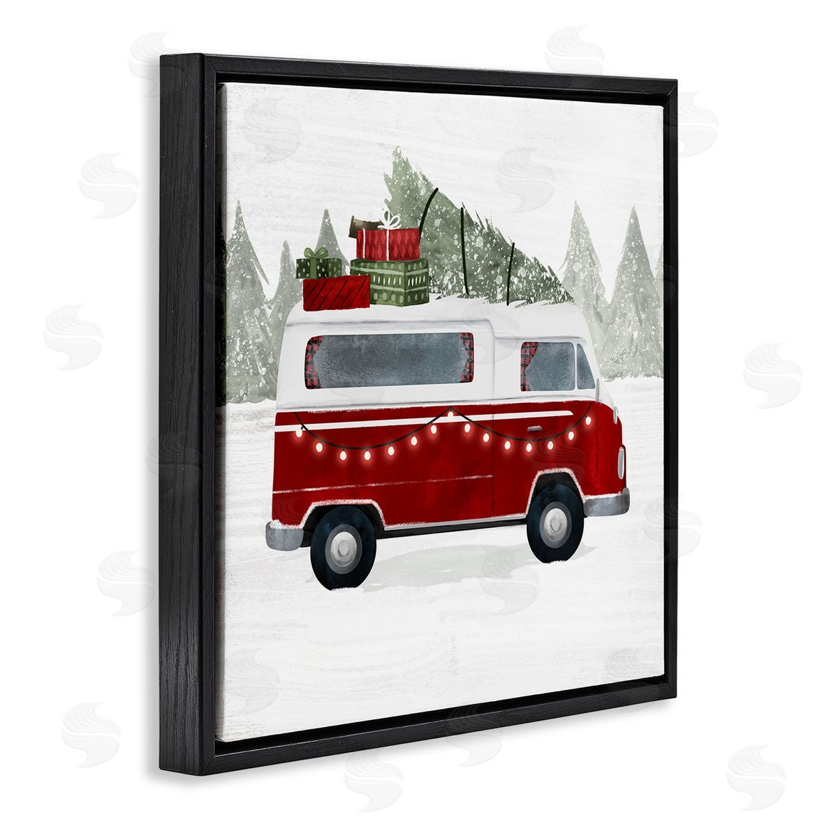 Victoria Borges Red Van Holiday Lights Carrying Christmas Presents Black Floating Frame Canvas Wall Art Print