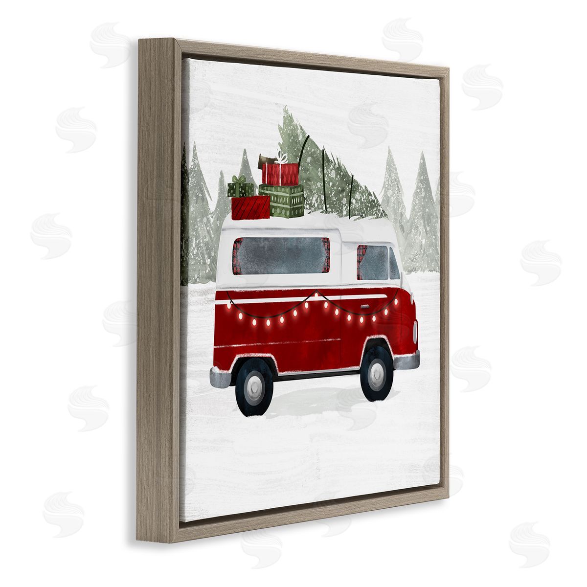 Victoria Borges Red Van Holiday Lights Carrying Christmas Presents Brown Floating Frame Canvas Wall Art Print