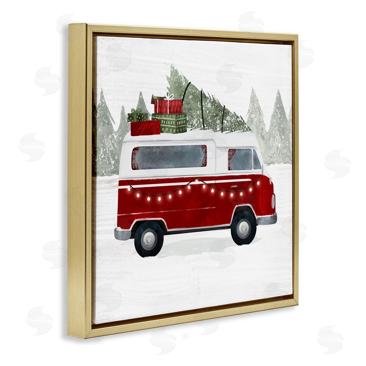 Victoria Borges Red Van Holiday Lights Carrying Christmas Presents Gold Floating Frame Canvas Wall Art Print
