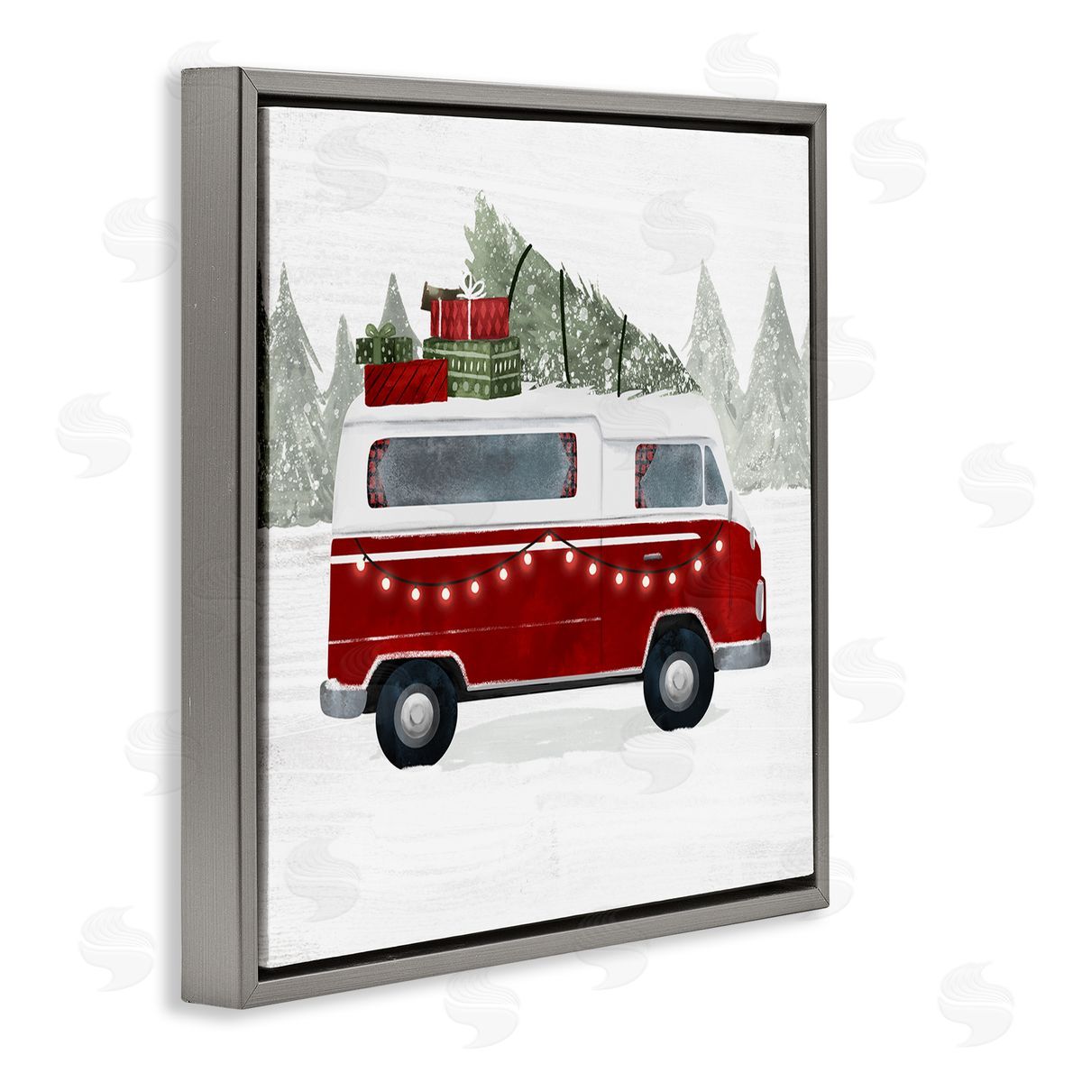 Victoria Borges Red Van Holiday Lights Carrying Christmas Presents Gray Floating Frame Canvas Wall Art Print