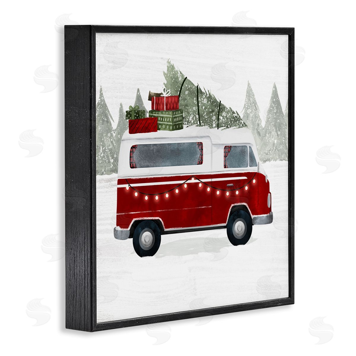 Victoria Borges Red Van Holiday Lights Carrying Christmas Presents Black Framed Glicee Wall Art Print