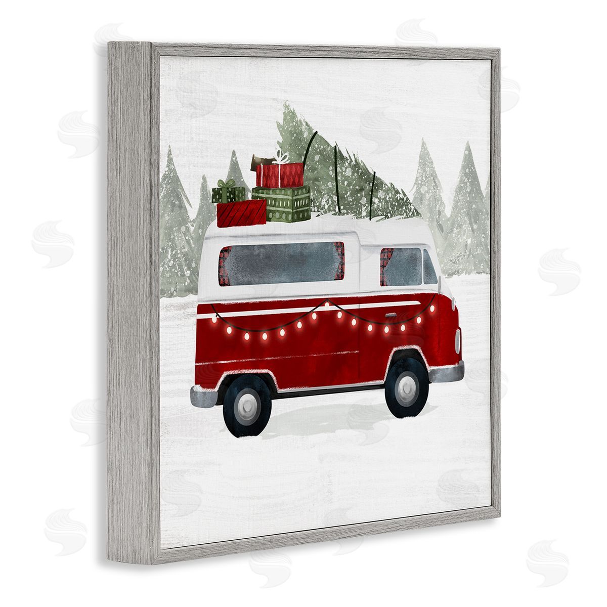 Victoria Borges Red Van Holiday Lights Carrying Christmas Presents Gray Framed Glicee Wall Art Print