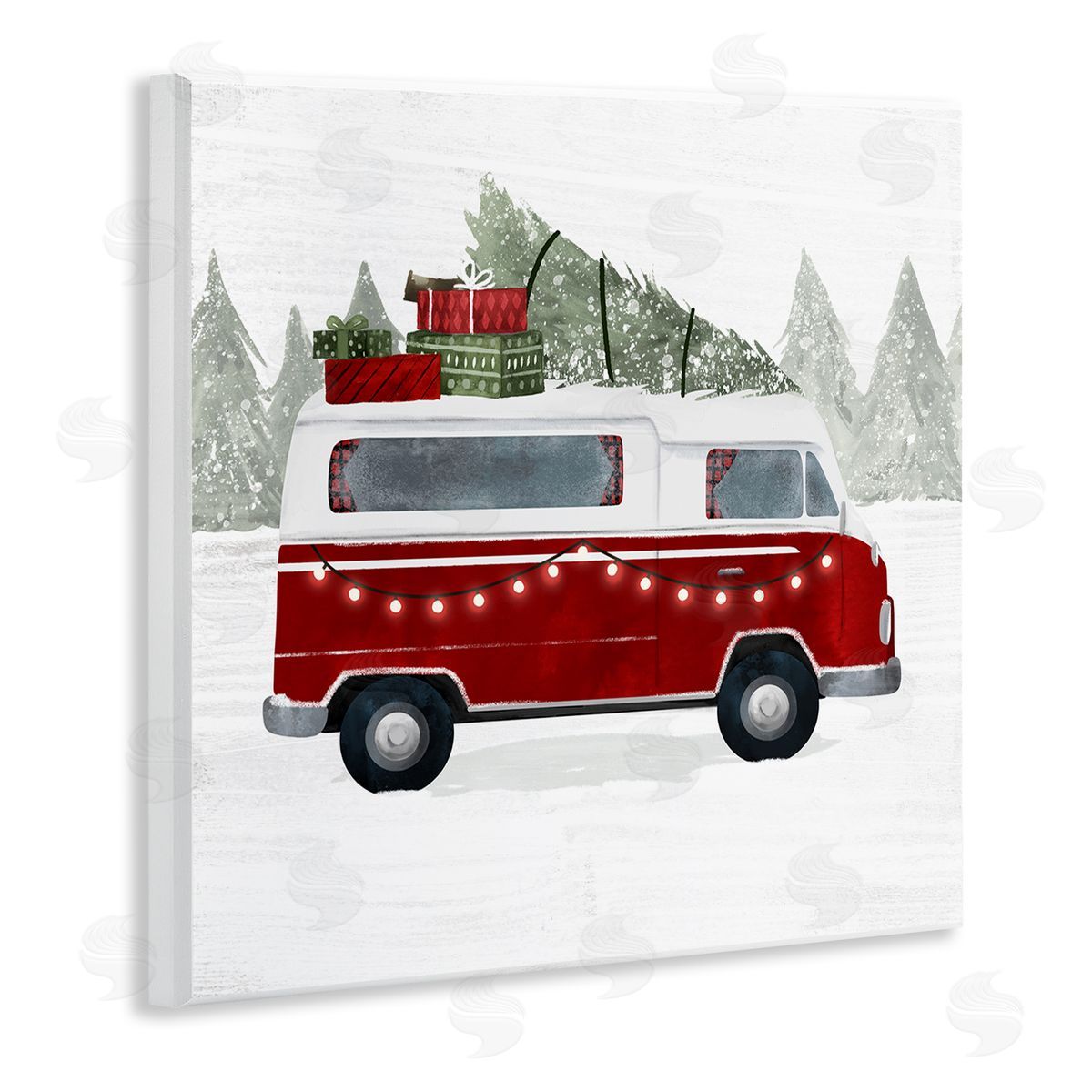 Victoria Borges Red Van Holiday Lights Carrying Christmas Presents Wooden Wall Plaque Art Print