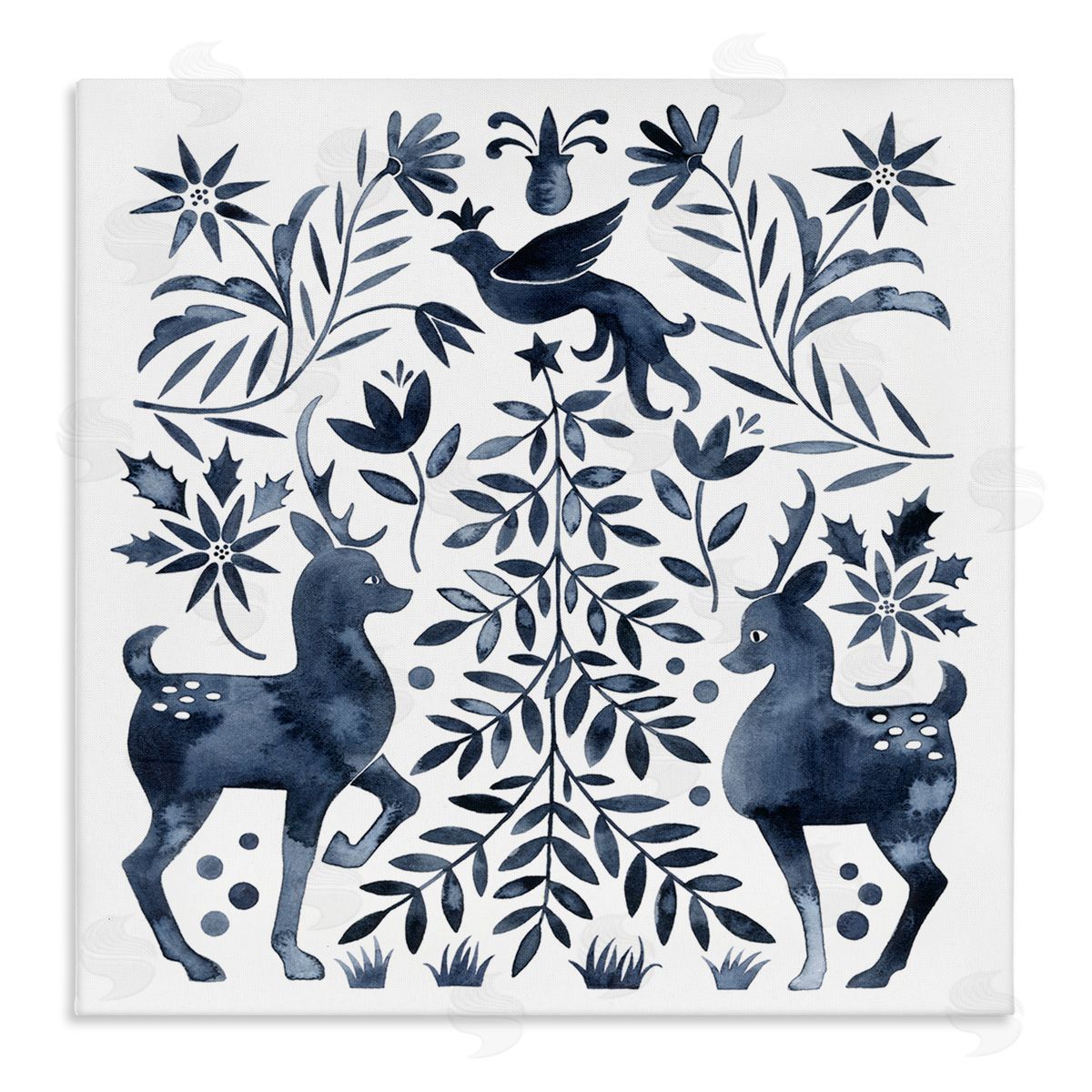 Grace Popp Festive Deer Dove Christmas Tree Botanicals Leaves Stretched Canvas Wall Art Print