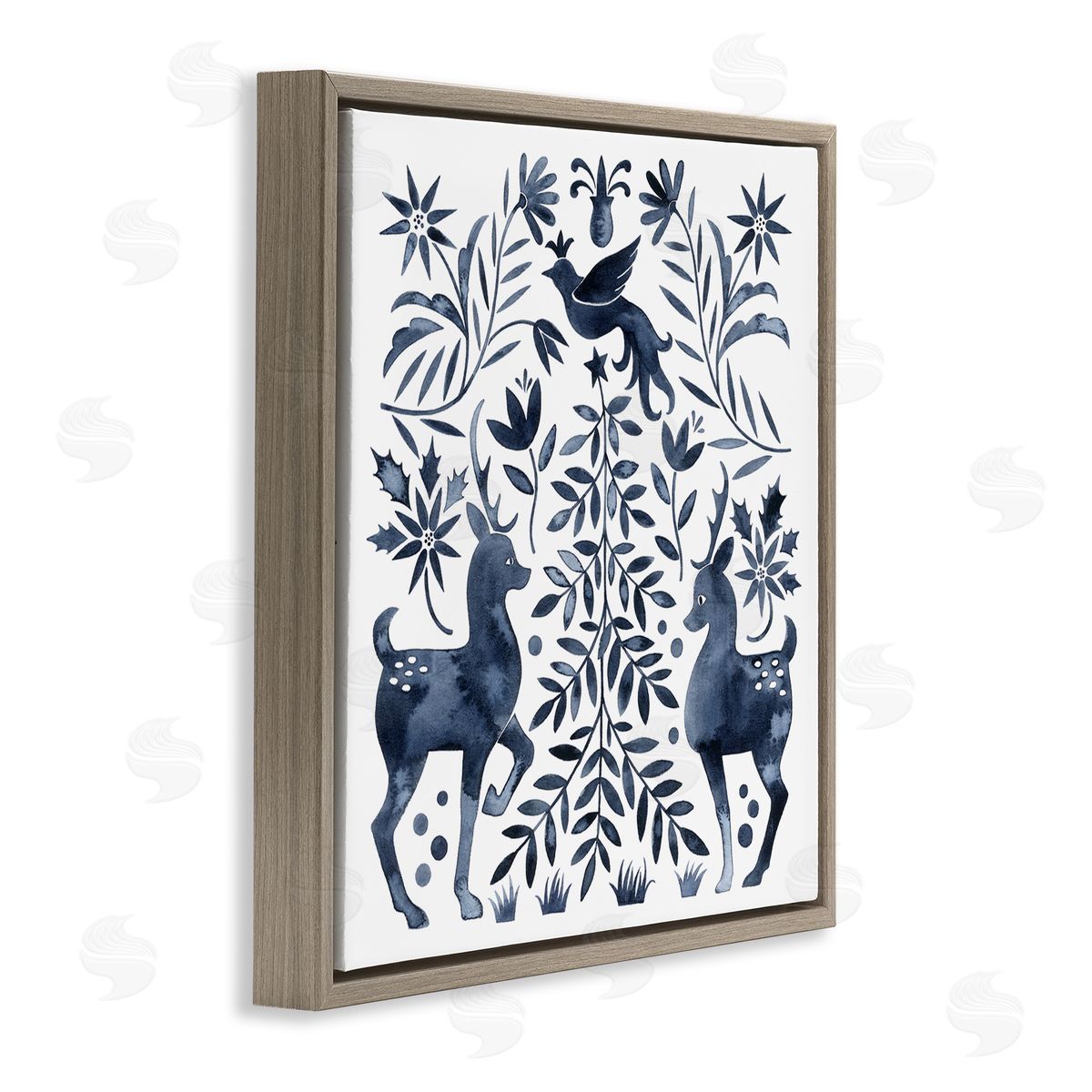 Grace Popp Festive Deer Dove Christmas Tree Botanicals Leaves Brown Floating Frame Canvas Wall Art Print